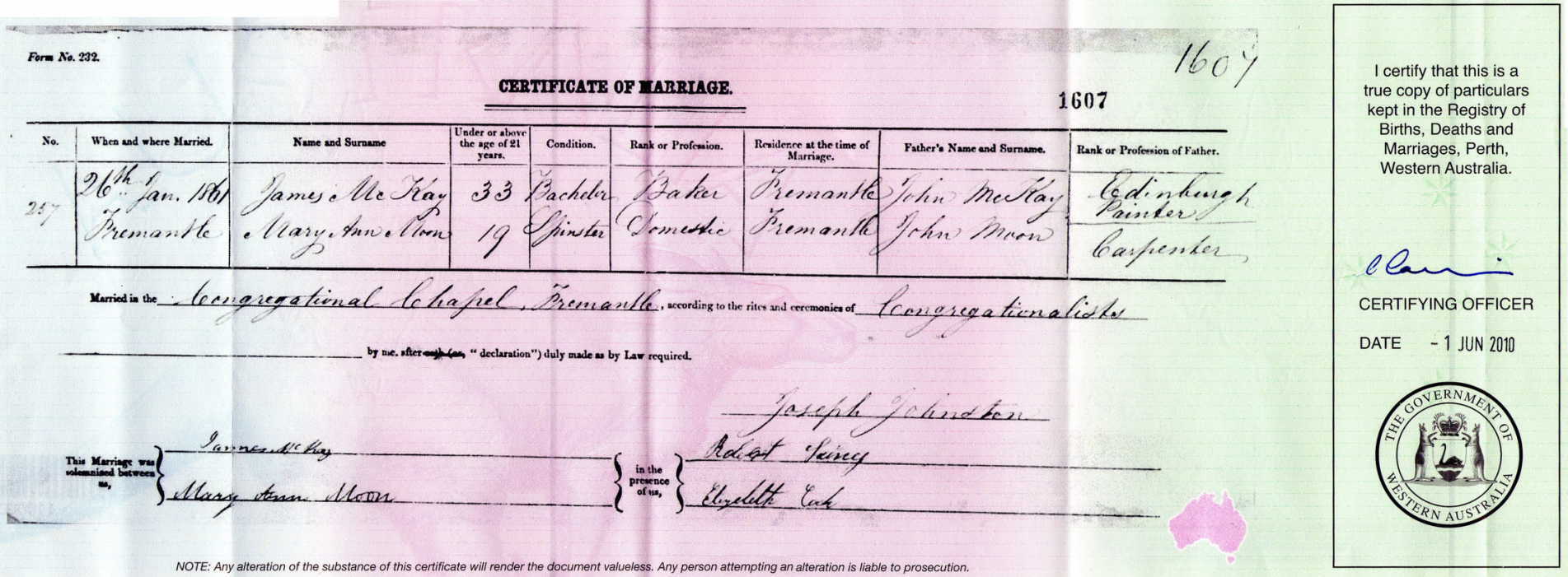 Mary Ann Moon Marriage Certificate - eldest daughter of Chow Moon