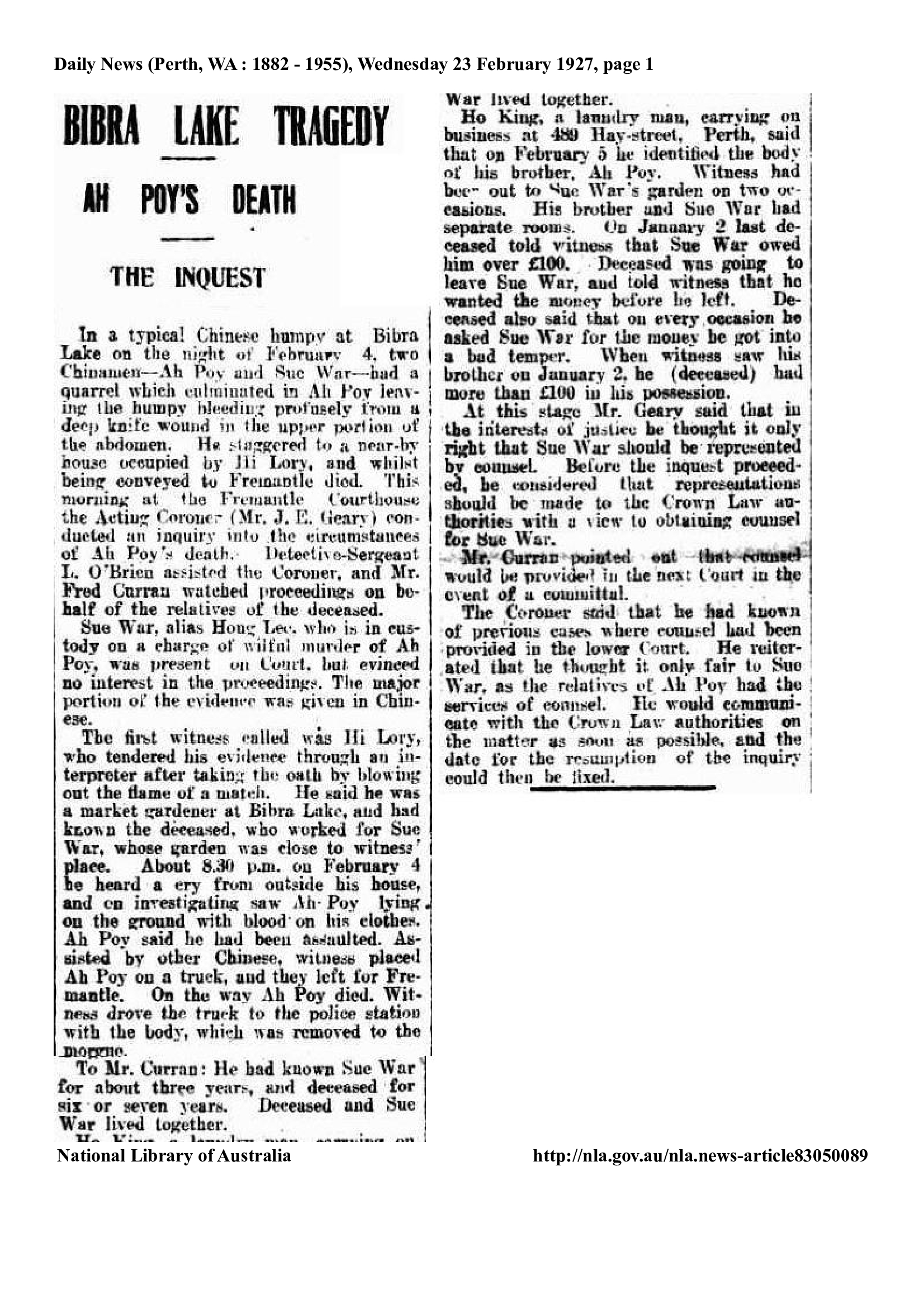 Bibra Lake Tragedy 23/02/1927