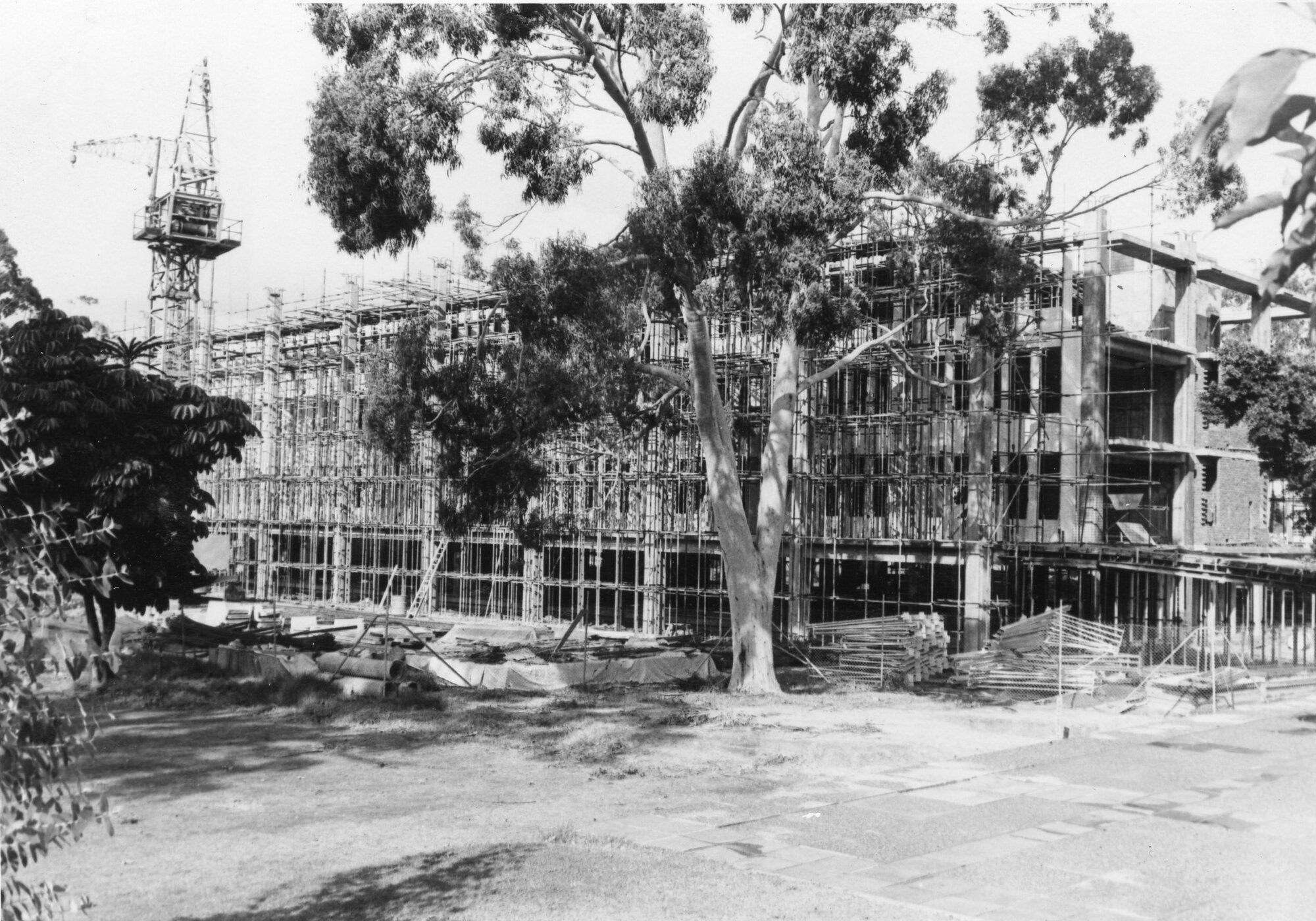 553P - New Library under construction from walkway in front of Physics Building - Crane and scaffolding - 9 June 1963