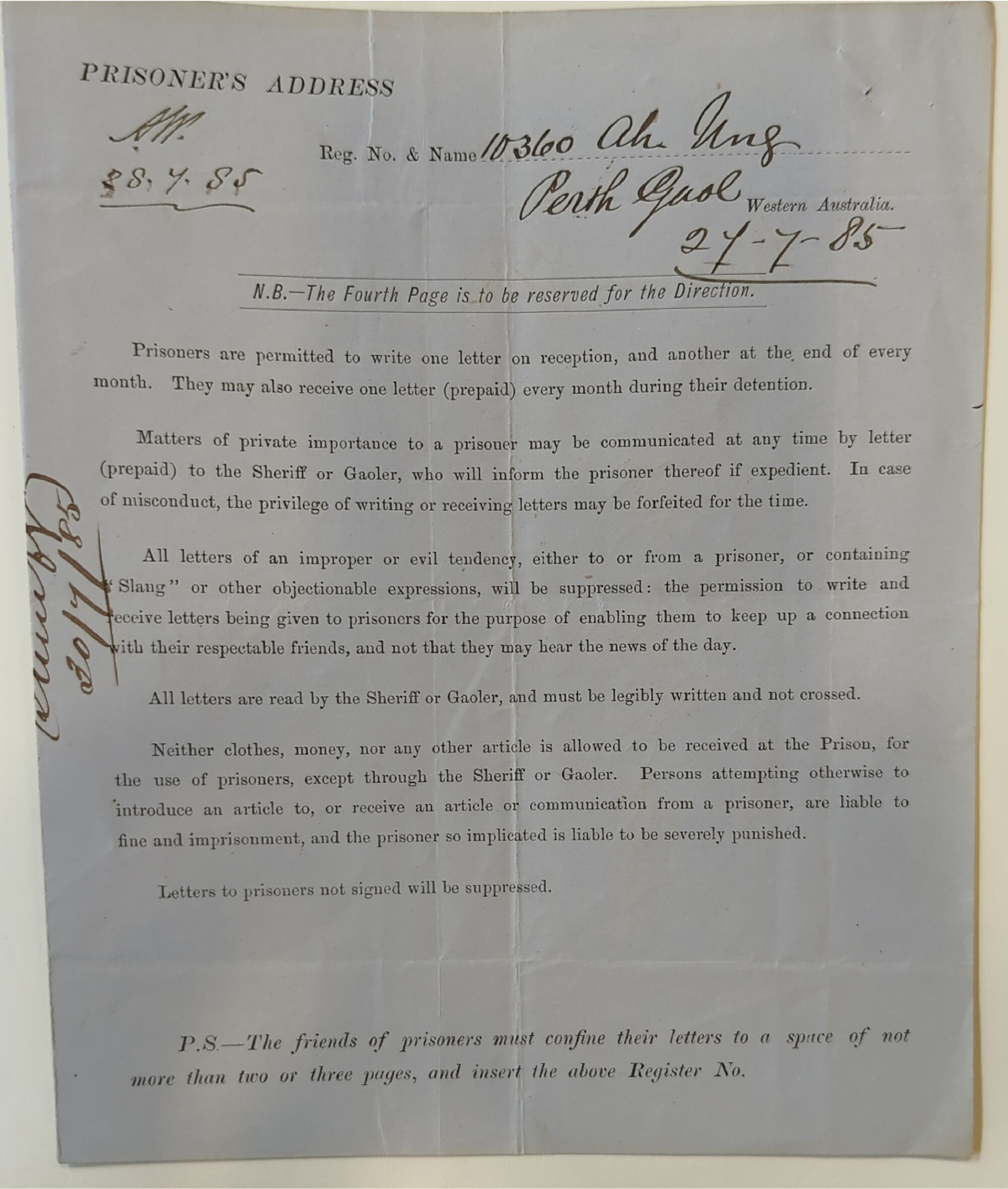 Ah Ung's 1885 letter from gaol 