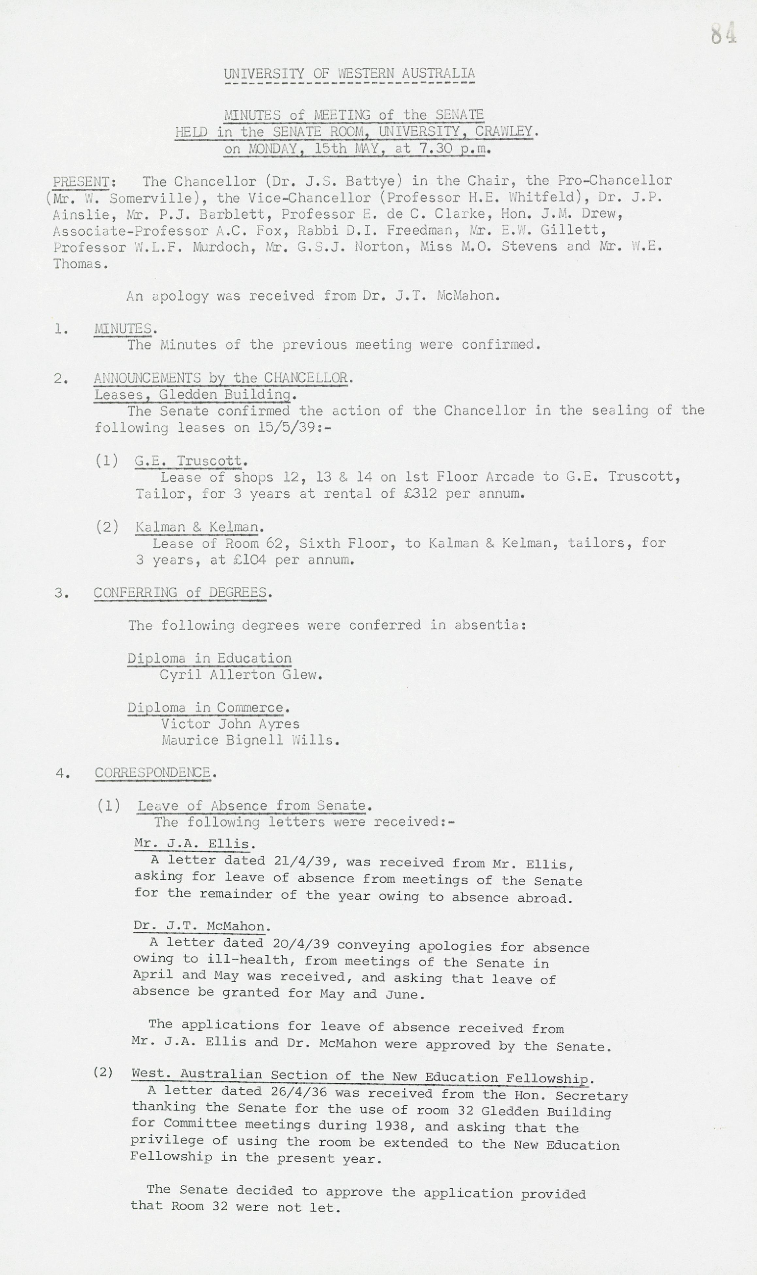 Minutes - Meeting of the Senate - 15 May 1939 - Folio 84 - 99