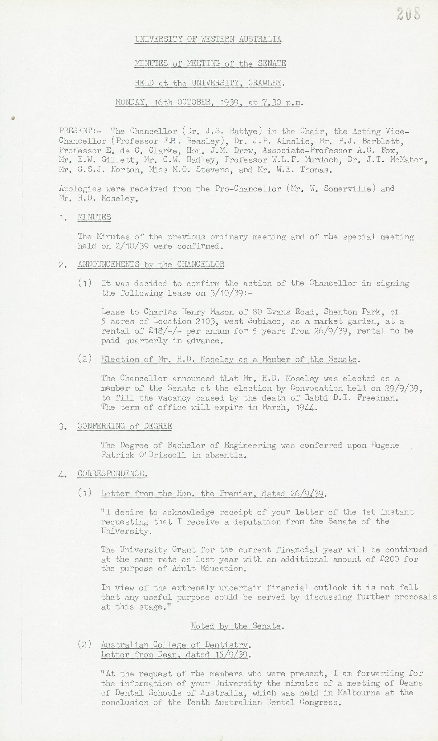 Minutes - Meeting of the Senate - 16 October 1939 - Folio 208 - 226