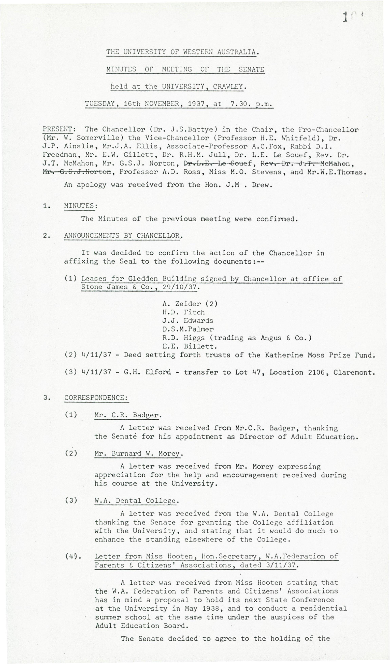 Minutes - Meeting of the Senate - 16 November 1937 - Folio 101 - 109