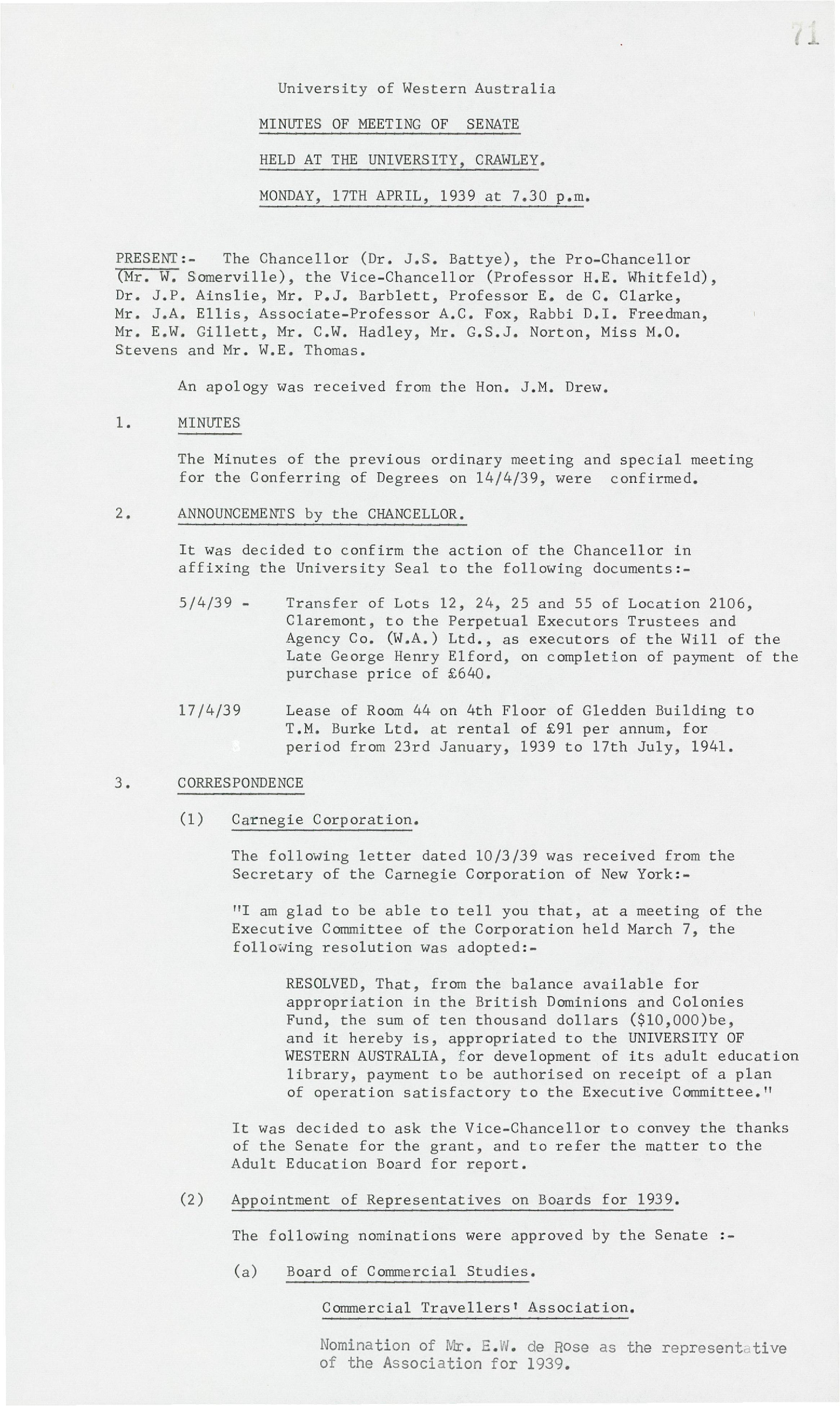 Minutes - Meeting of the Senate - 17 April 1939 - Folio 71 - 83