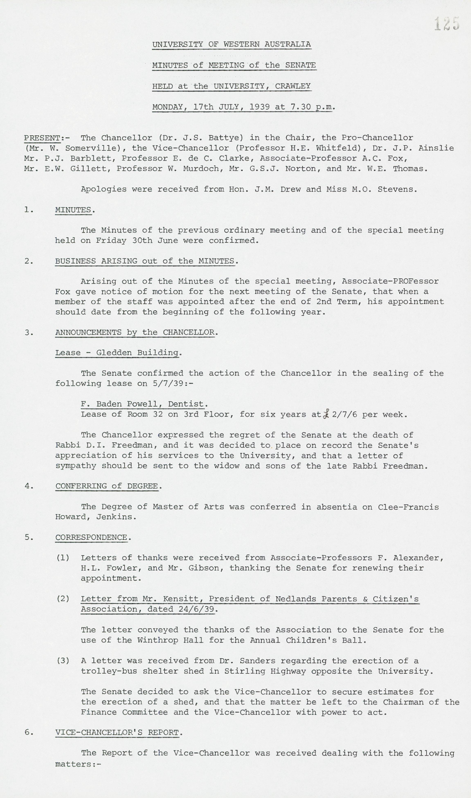 Minutes - Meeting of the Senate - 17 July 1939 - Folio 125 - 150