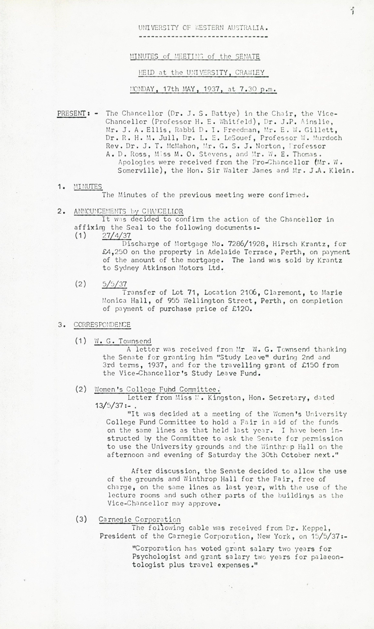 Minutes - Meeting of the Senate - 17 May 1937 - Folio 1 - 14
