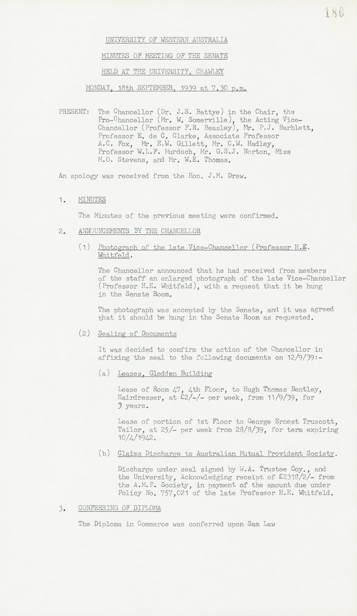 Minutes - Meeting of the Senate - 18 September 1939 - Folio 180 - 203