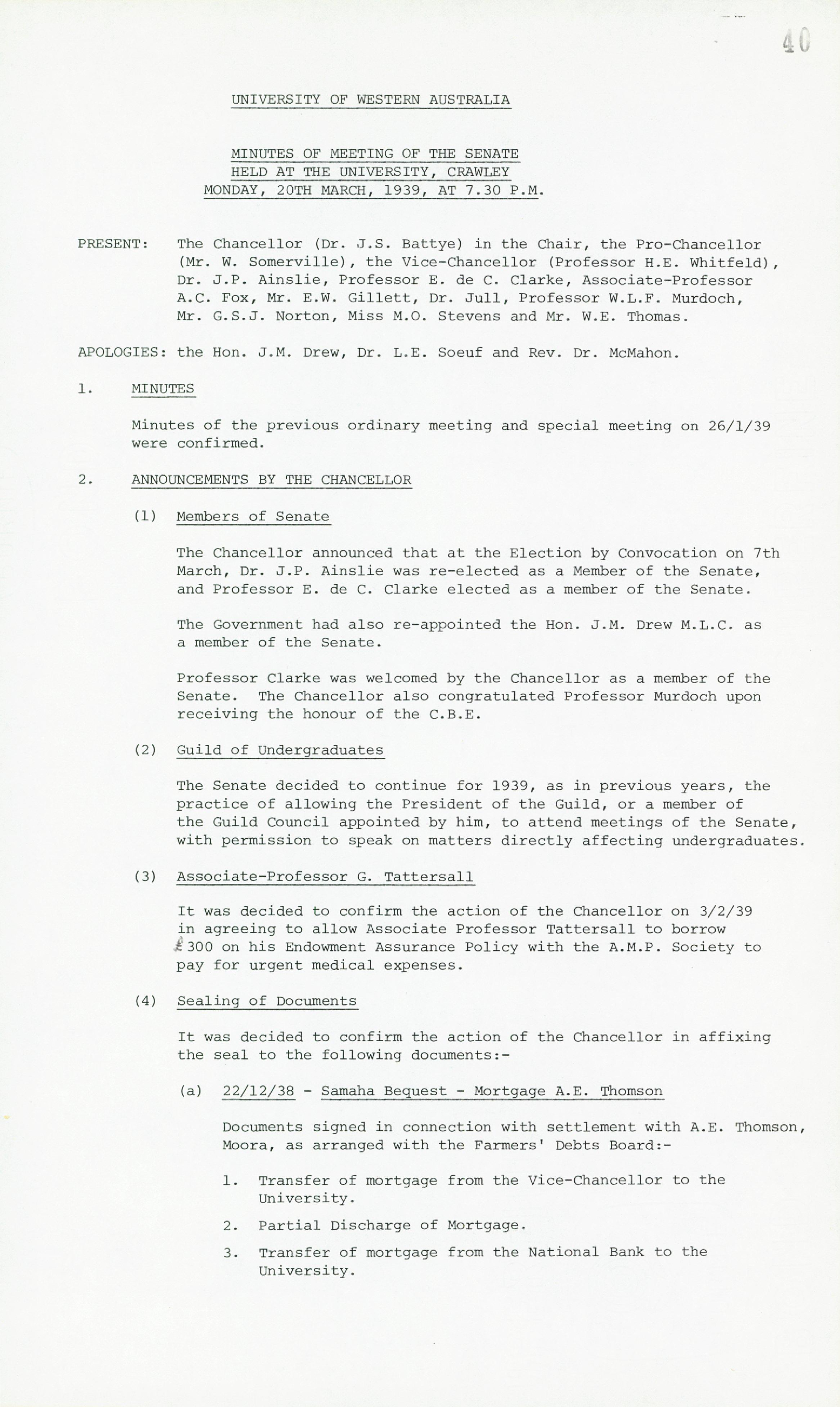 Minutes - Meeting of the Senate - 20 March 1939 - Folio 40 - 65