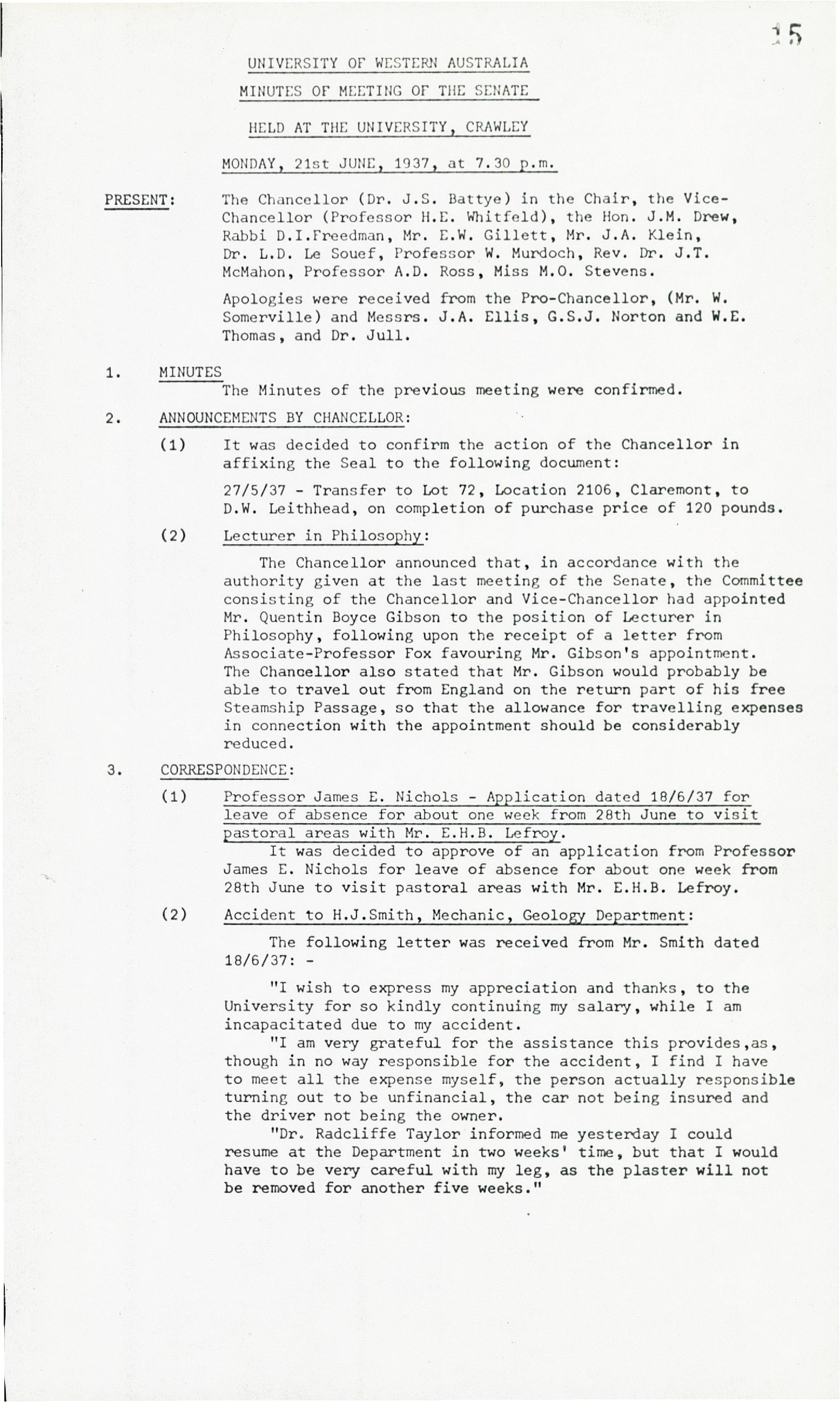 Minutes - Meeting of the Senate - 21 June 1937 - Folio 15 - 23