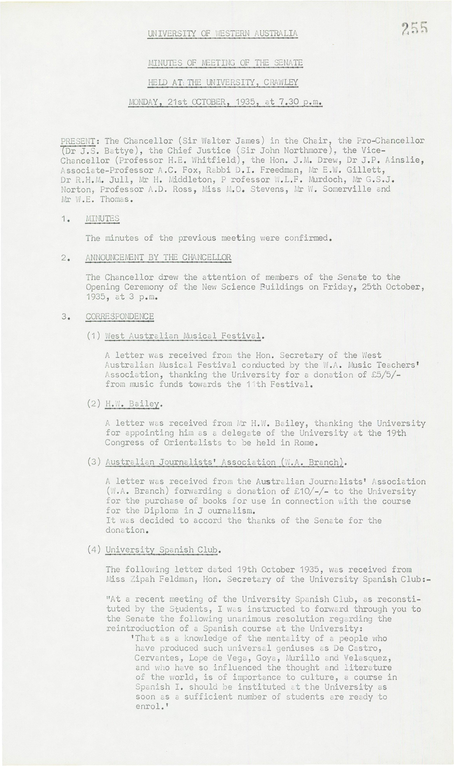 Minutes - Meeting of the Senate - 21 October 1935 - Folio 255 - 264