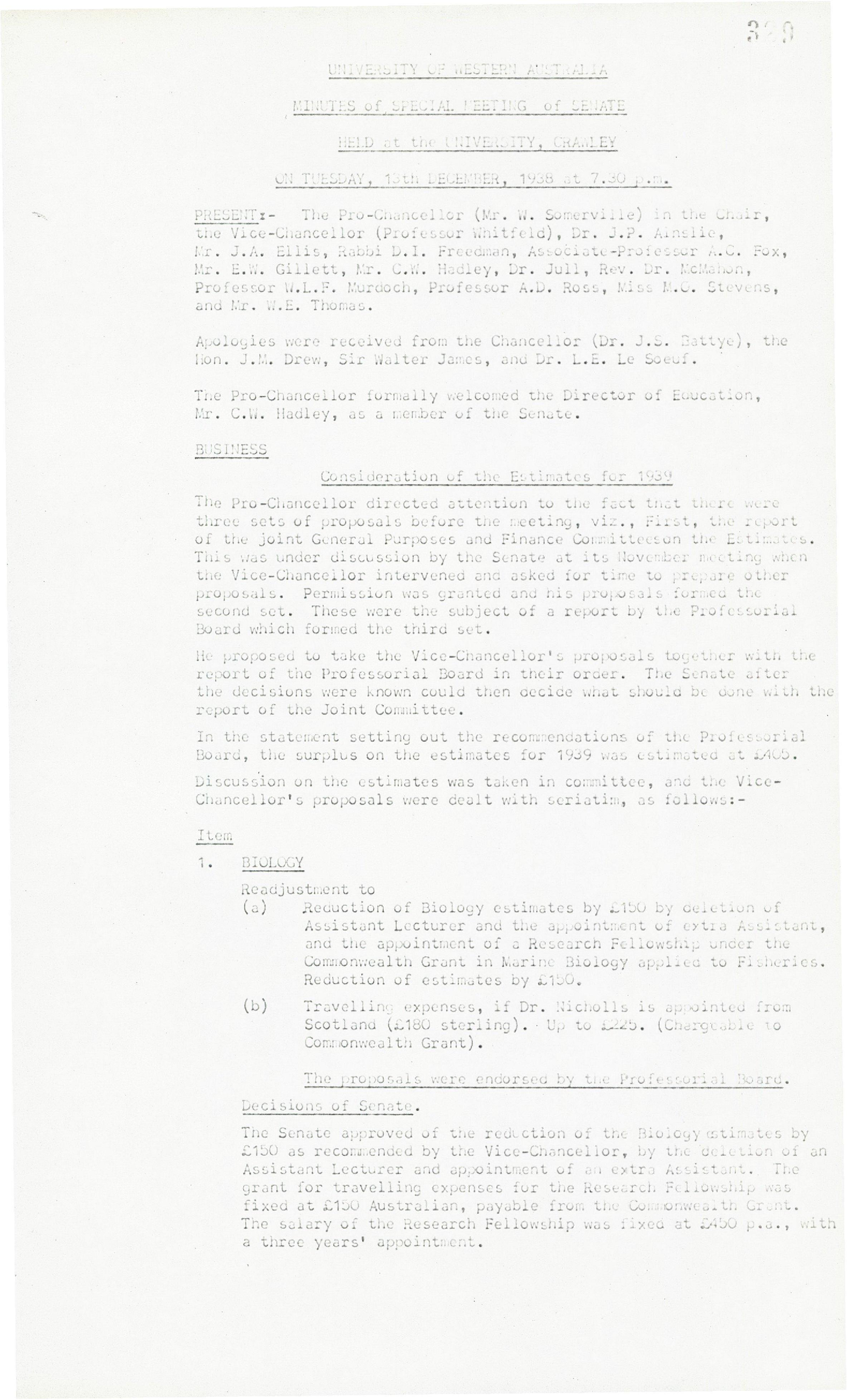 Minutes - Special Meeting of the Senate - 13 December 1938 - Folio 329 - 333