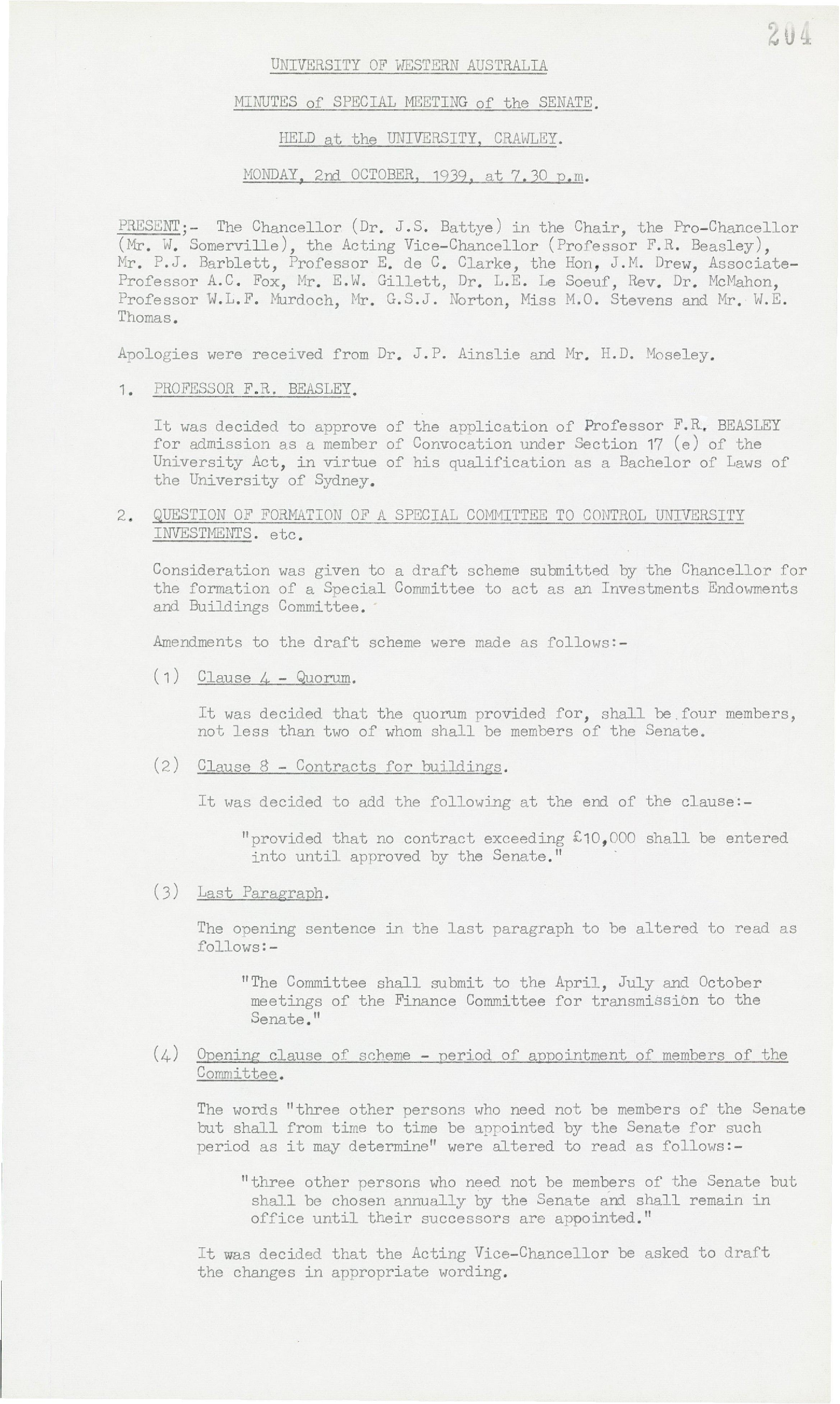 Minutes - Special Meeting of the Senate - 2 October 1939 - Folio 204 - 207