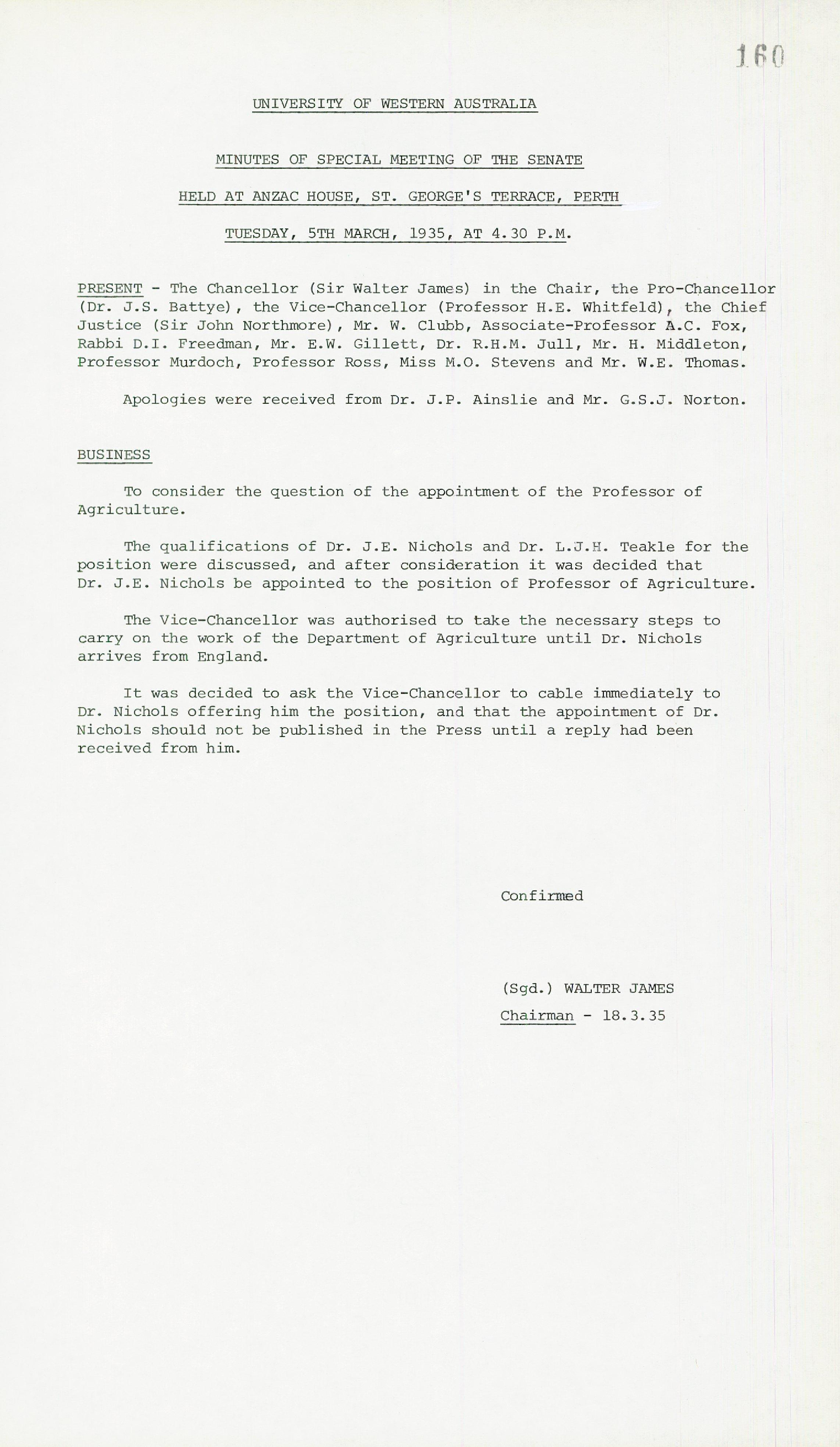 Minutes - Special Meeting of the Senate - 5 March 1935 - Folio 160