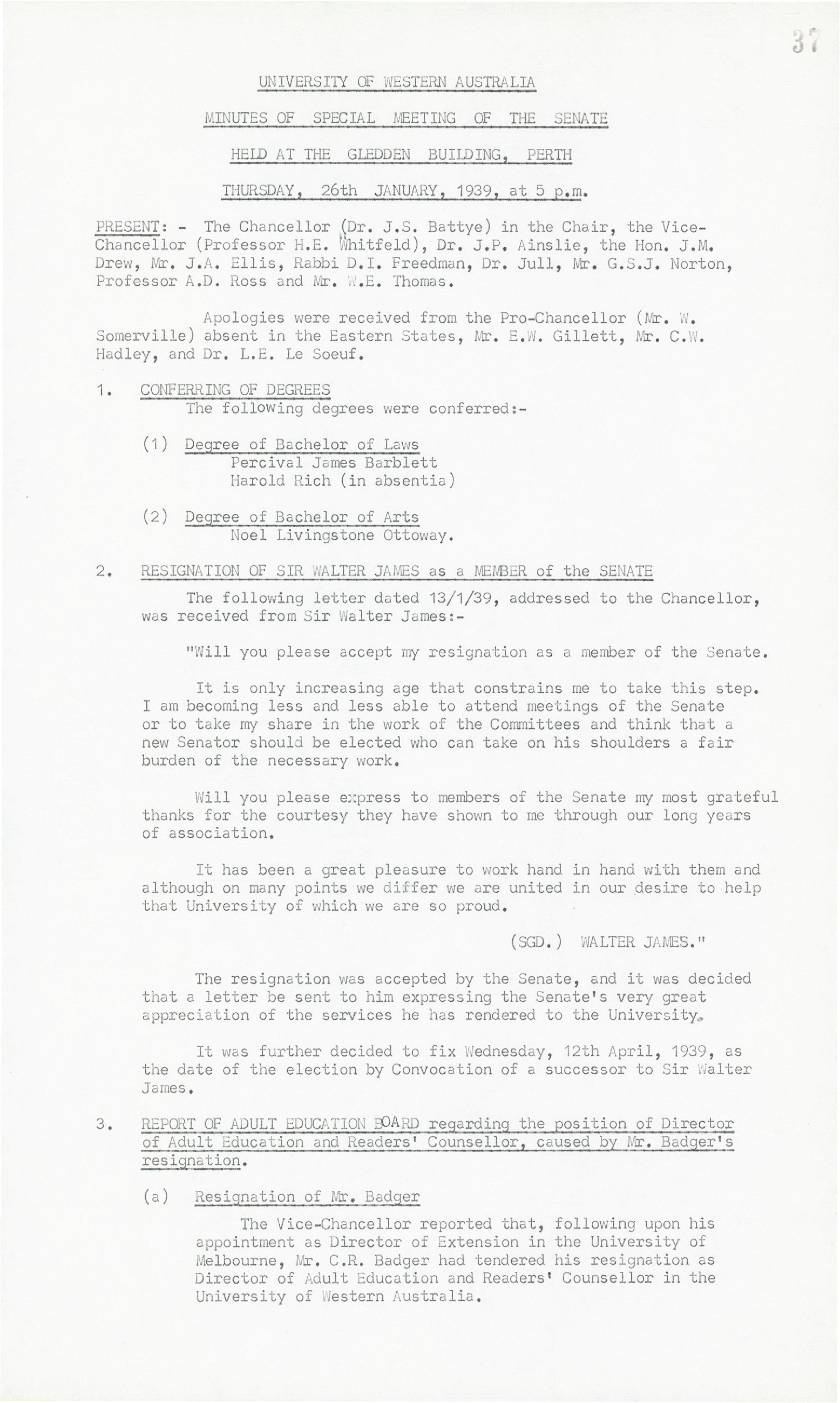 Minutes - Special Meeting of the Senate for Conferring of Degrees - 26 January 1939 - Folio 37 - 39