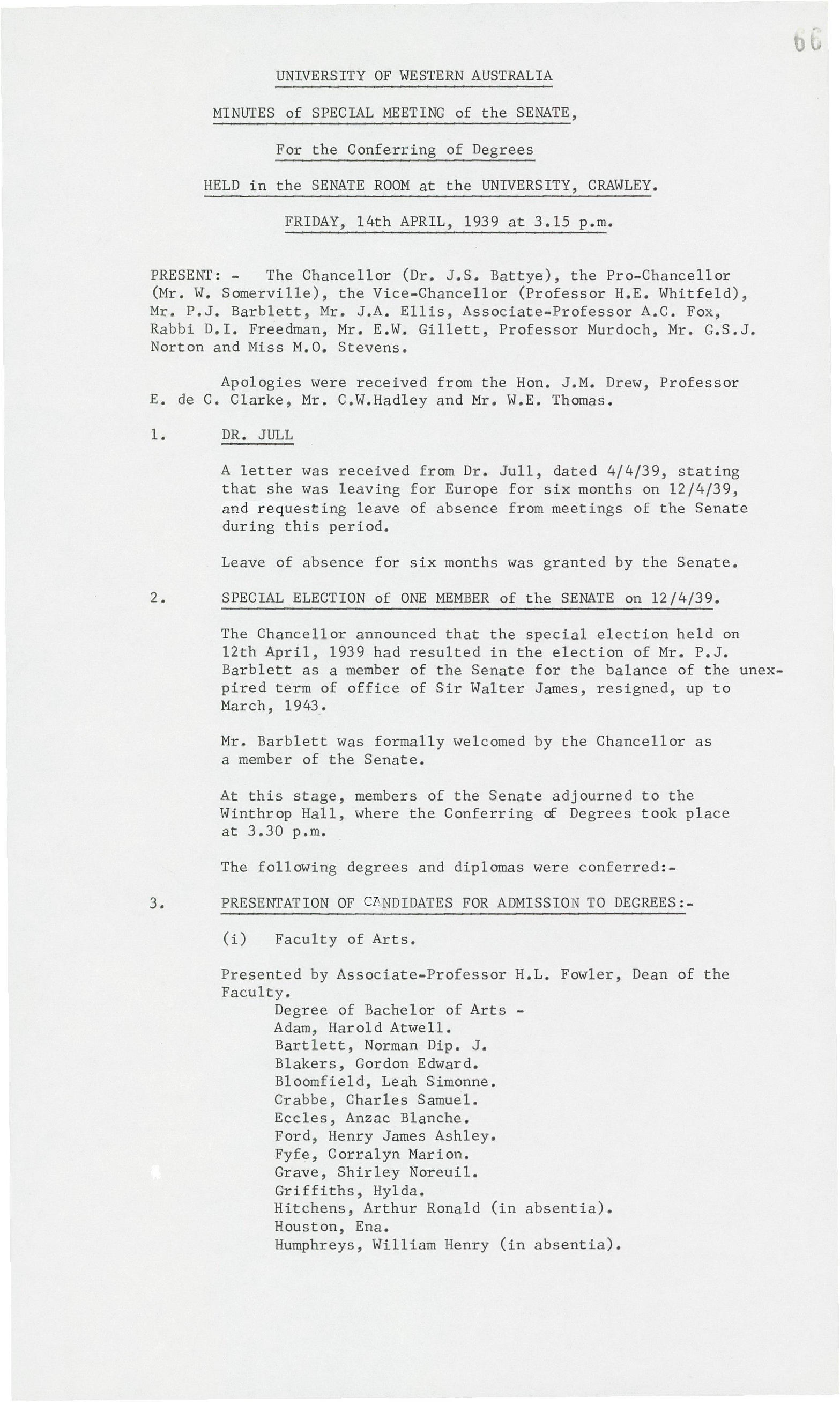 Minutes - Special Meeting of the Senate for Conferring of Degrees -  14 March 1939 - Folio 66 - 70