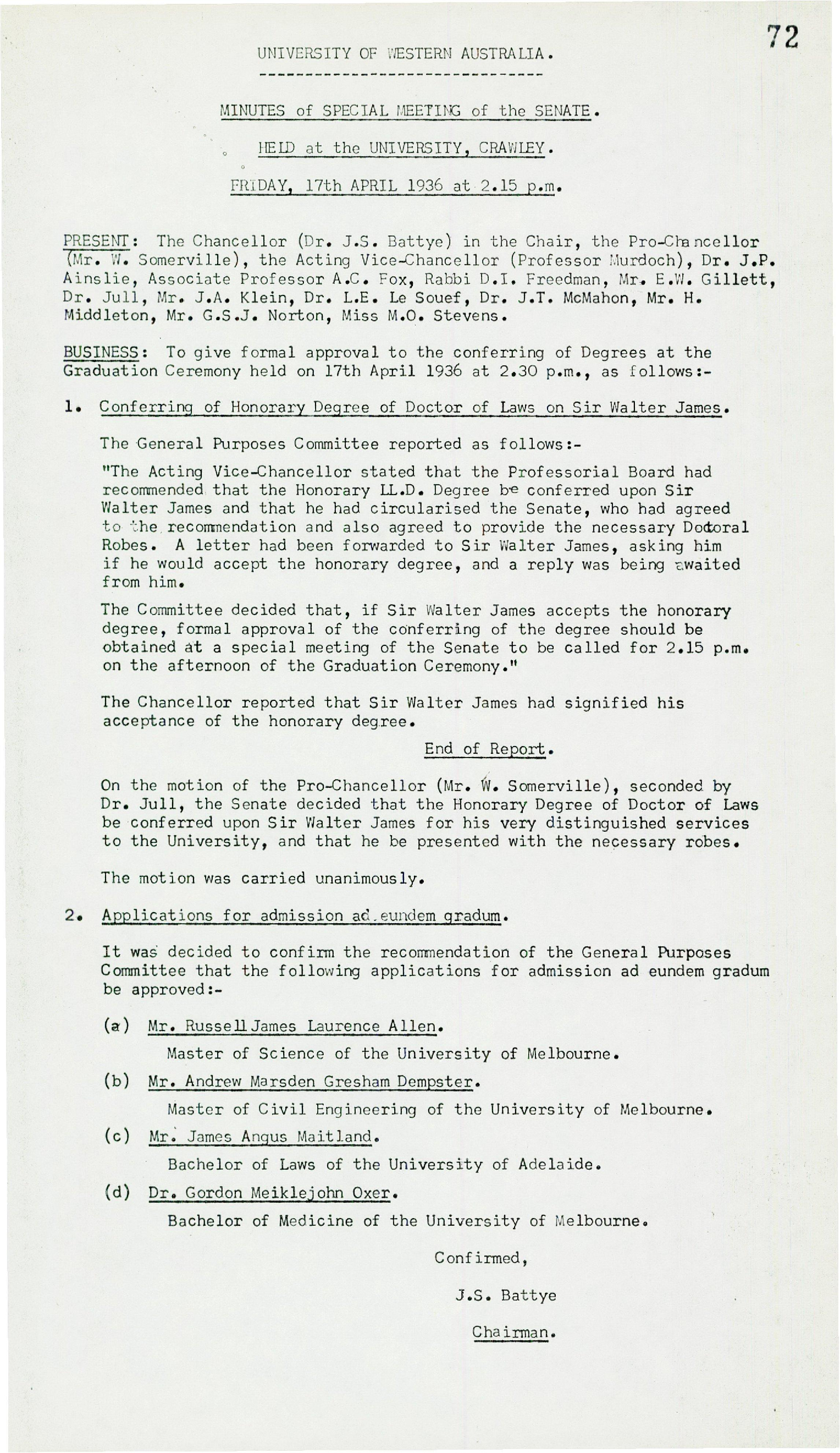 Special Meeting of the Senate for the Conferring of Honorary Degrees - 17 April 1936 - Folio 72