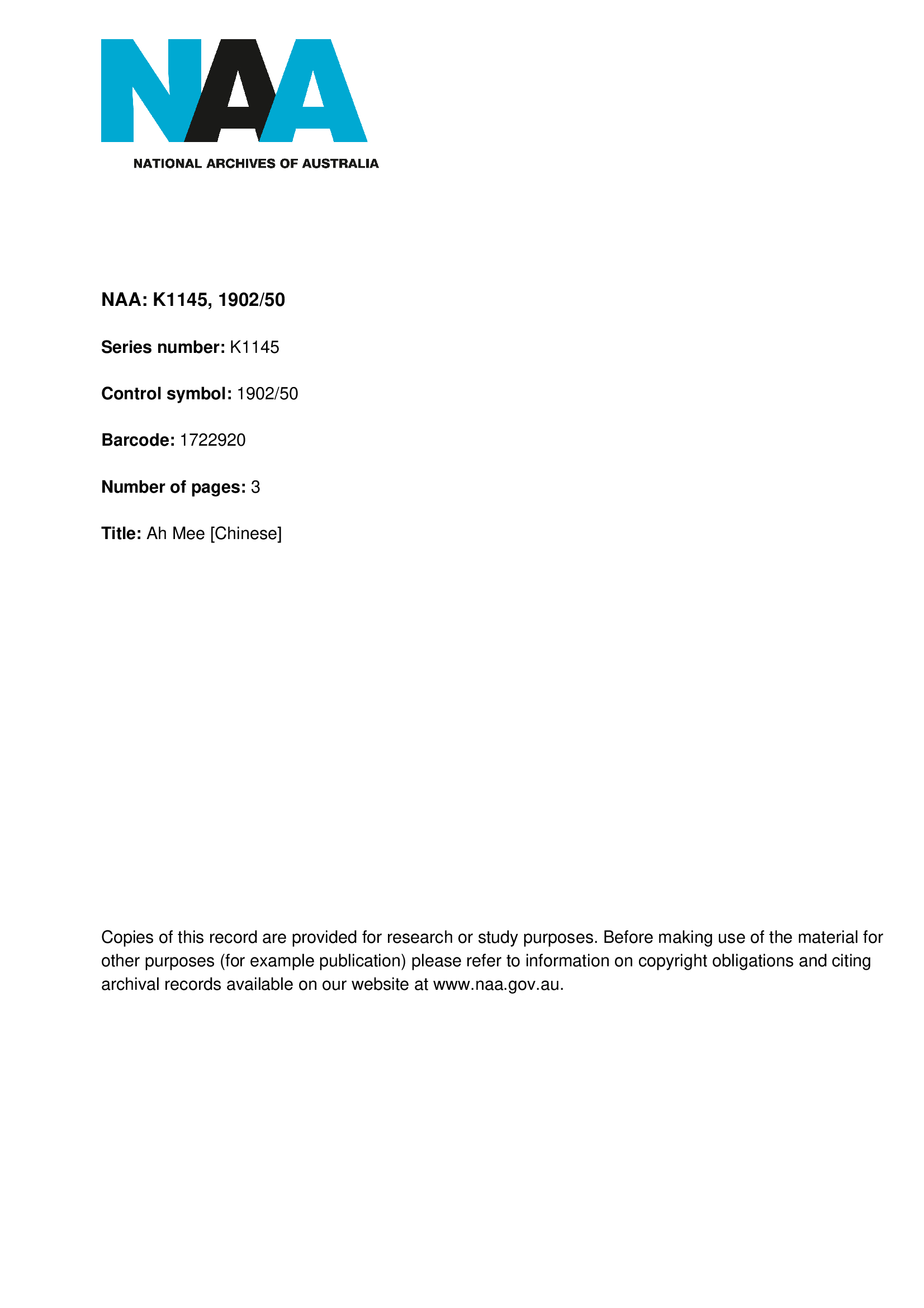 Ah Me Certificate of Domicile (NAA Item ID: 1722920)