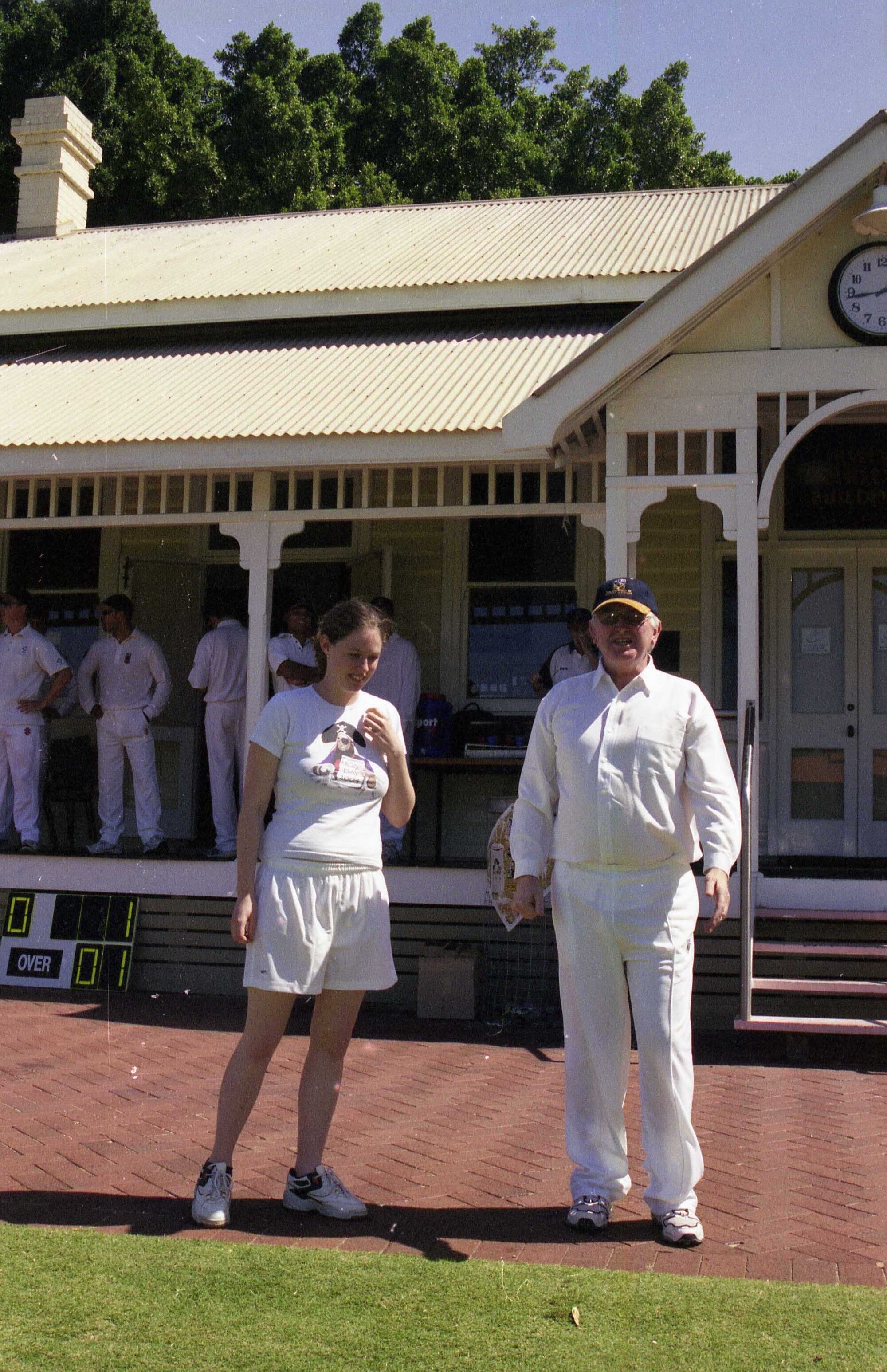 59102P - Guild President Susie Byers makes the call as Vice Chancellor Professor Alan Robson tosses the coin at the start of the staff versus students social match - The Vice Chancellor's team was victorious at UWA's annual Festival of Cricket