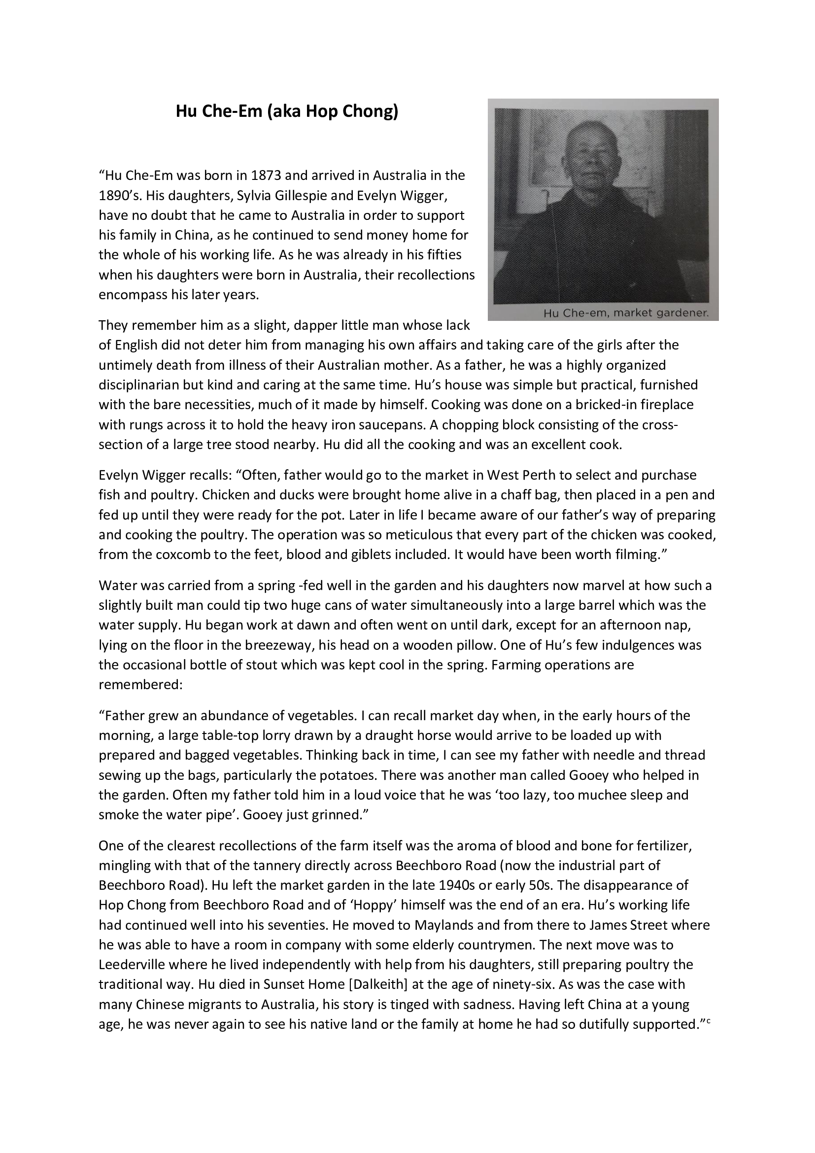 Hu Che-Em profile from Bayswater Historical Society