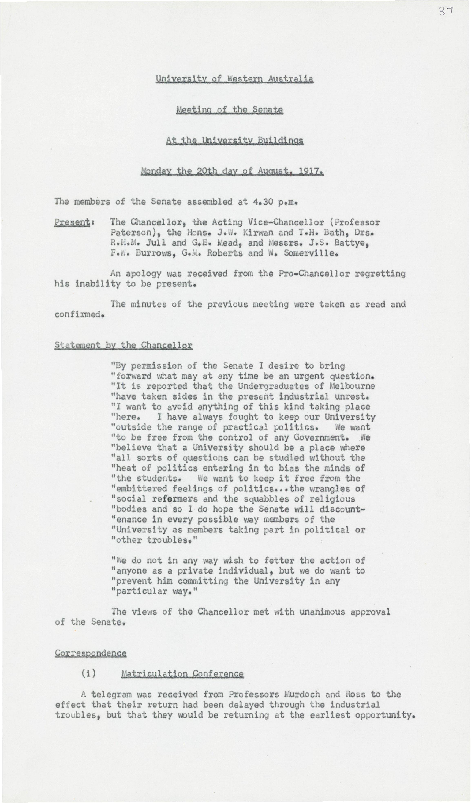 Minutes (Transcribed) - Meeting of the Senate - 20 August 1917 - Folio 37 - 41
