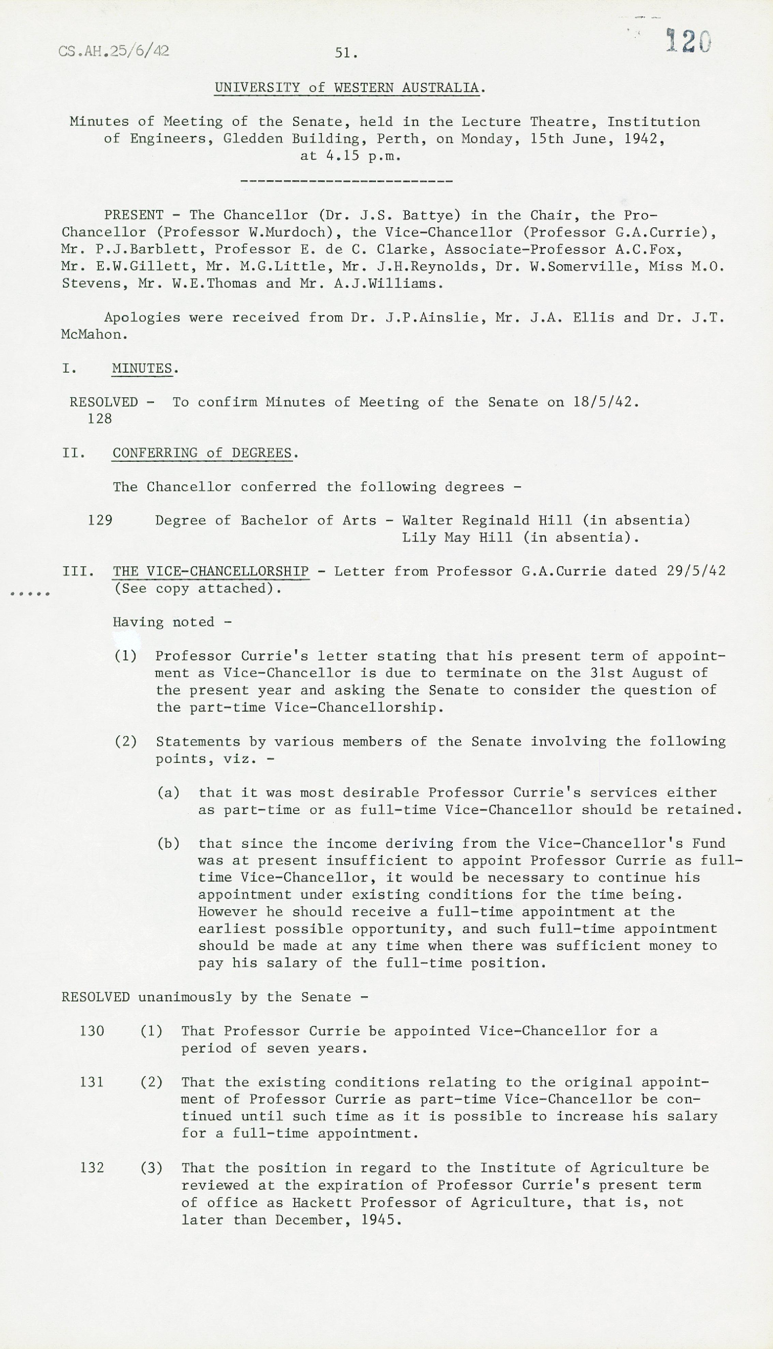 Minutes - Meeting of the Senate - 15 June 1942 - Folio 120 - 150
