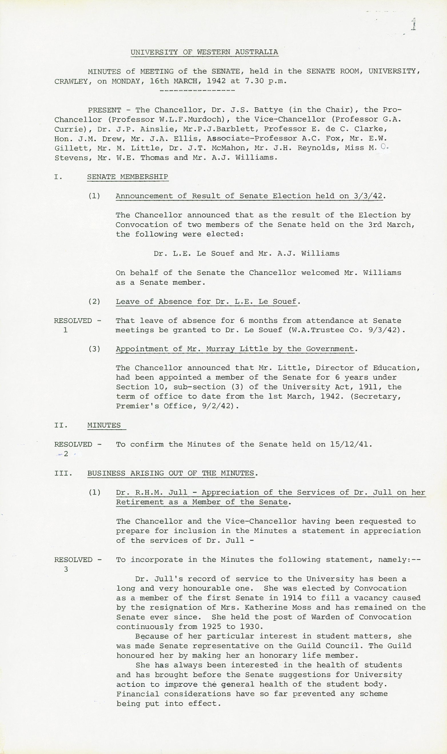 Minutes - Meeting of the Senate - 16 March 1942 - Folio 1 - 44