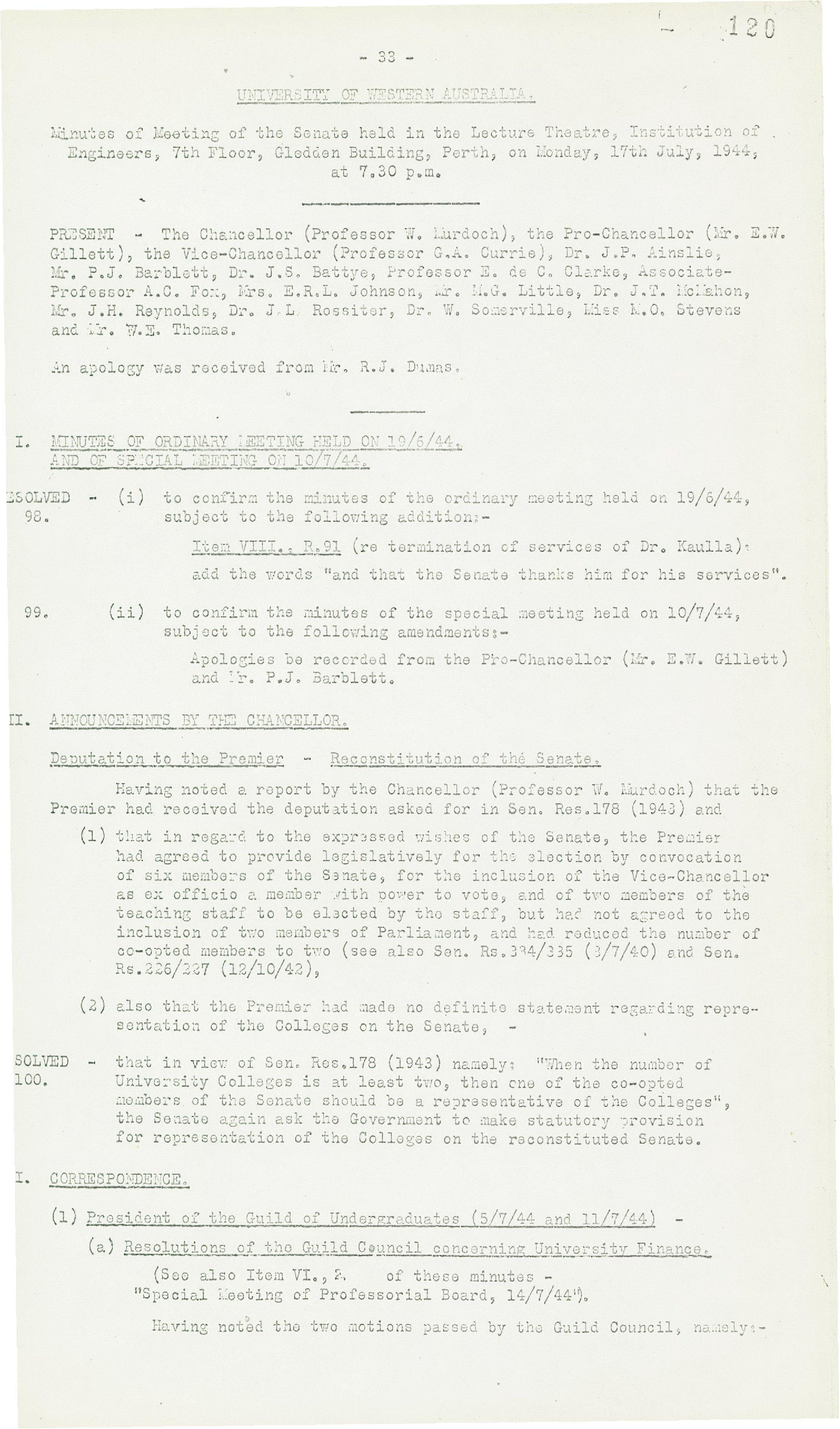 Minutes - Meeting of the Senate - 17 July 1944 - Folio 120 - 135