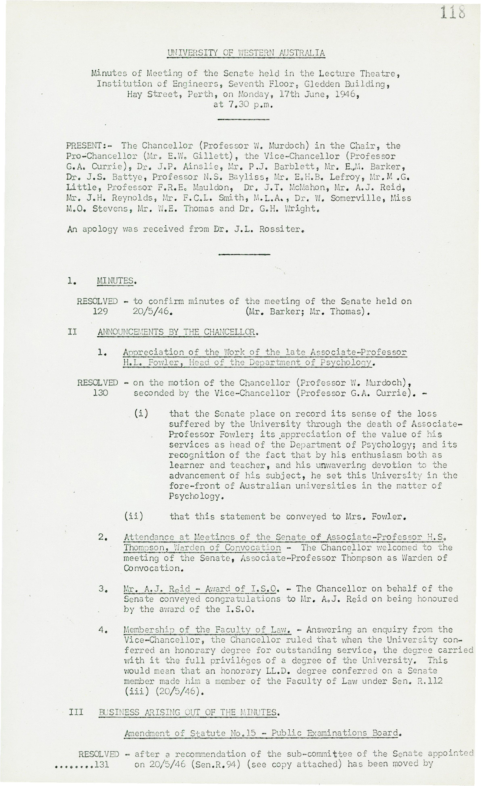Minutes - Meeting of the Senate - 17 June 1946 - Folio 118 - 160
