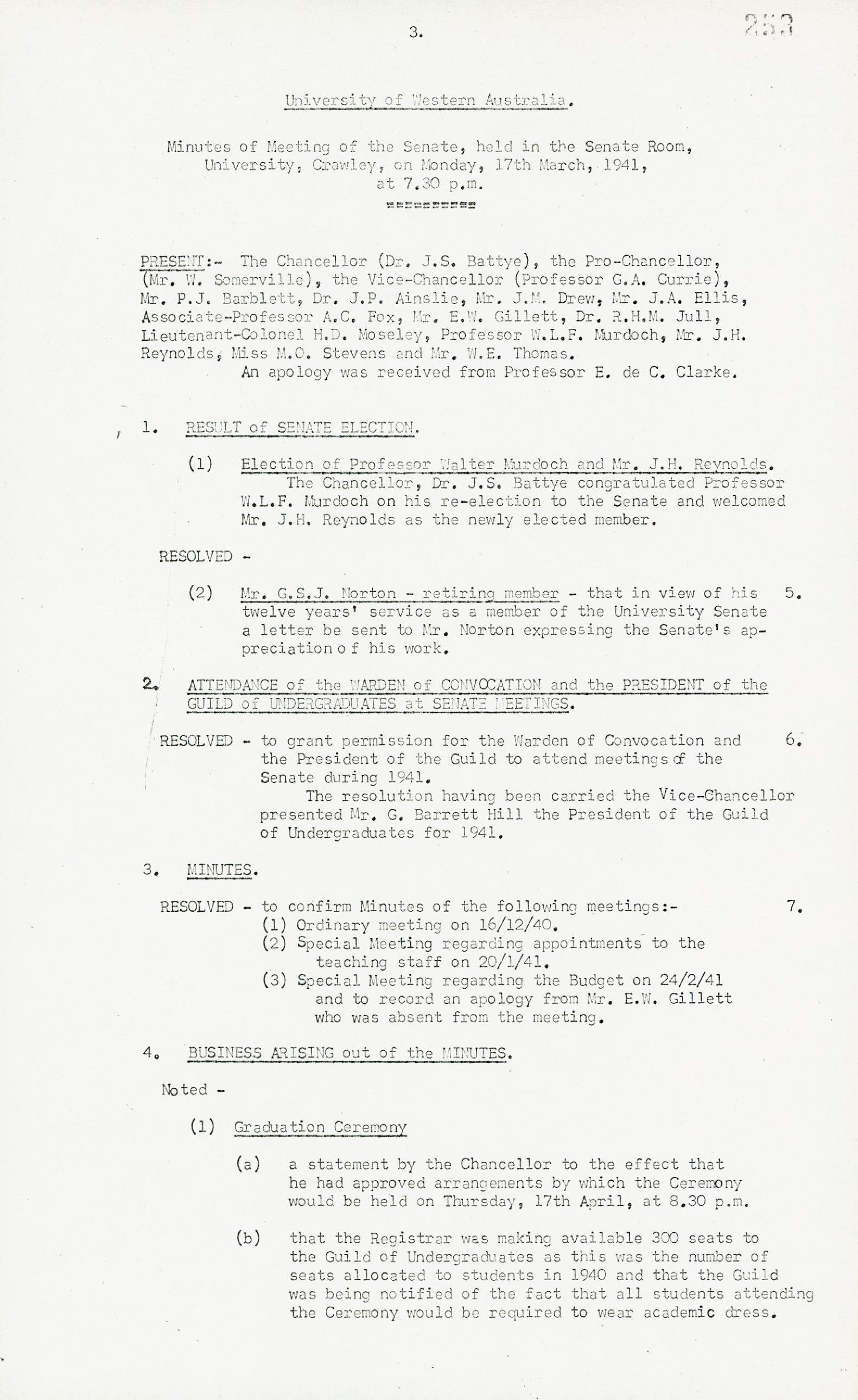 Minutes - Meeting of the Senate - 17 March 1941 - Folio 253 - 263
