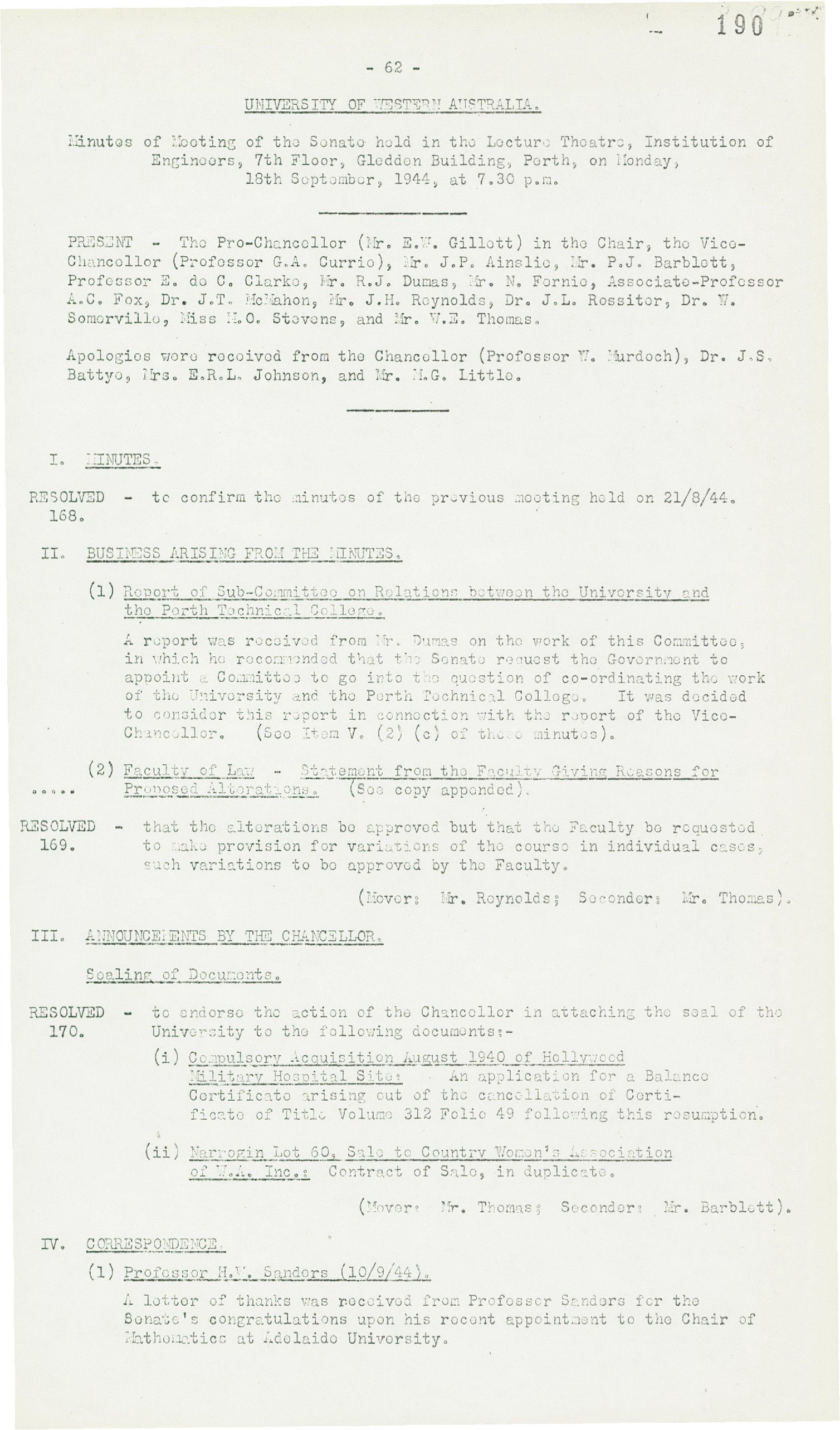 Minutes - Meeting of the Senate - 18 September 1944 - Folio 190 - 198
