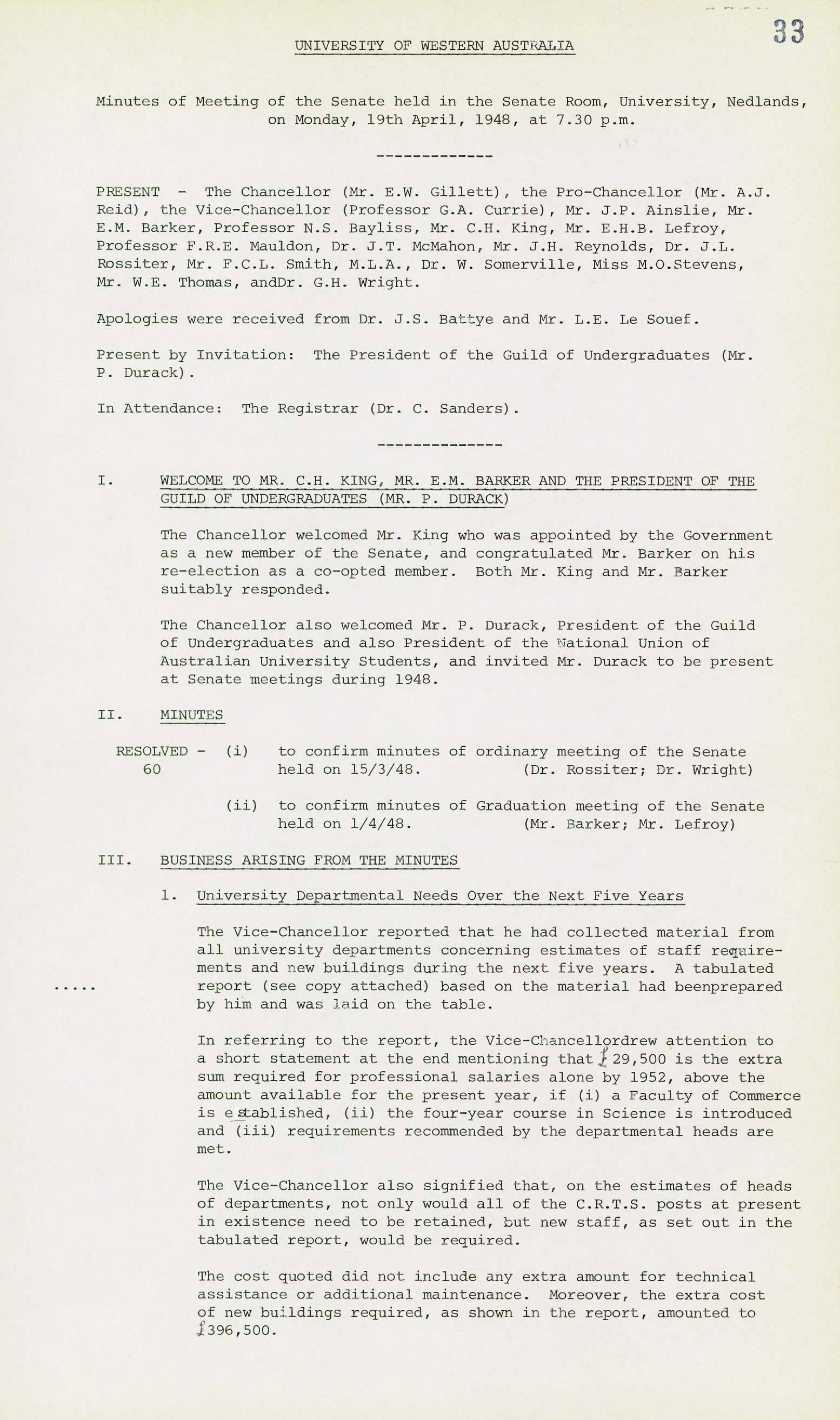 Minutes - Meeting of the Senate - 19 April 1948 - Folio 33 - 84