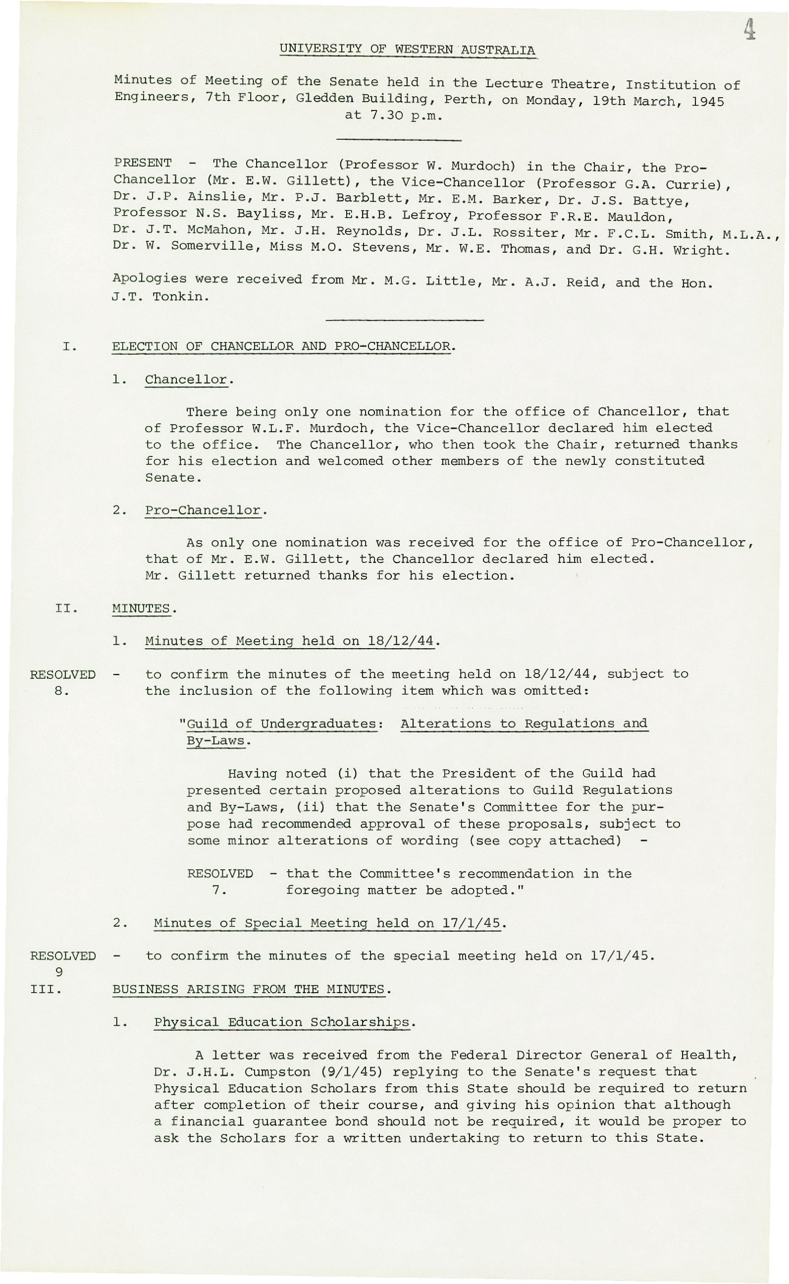 Minutes - Meeting of the Senate - 19 March 1945 - Folio 4 - 27