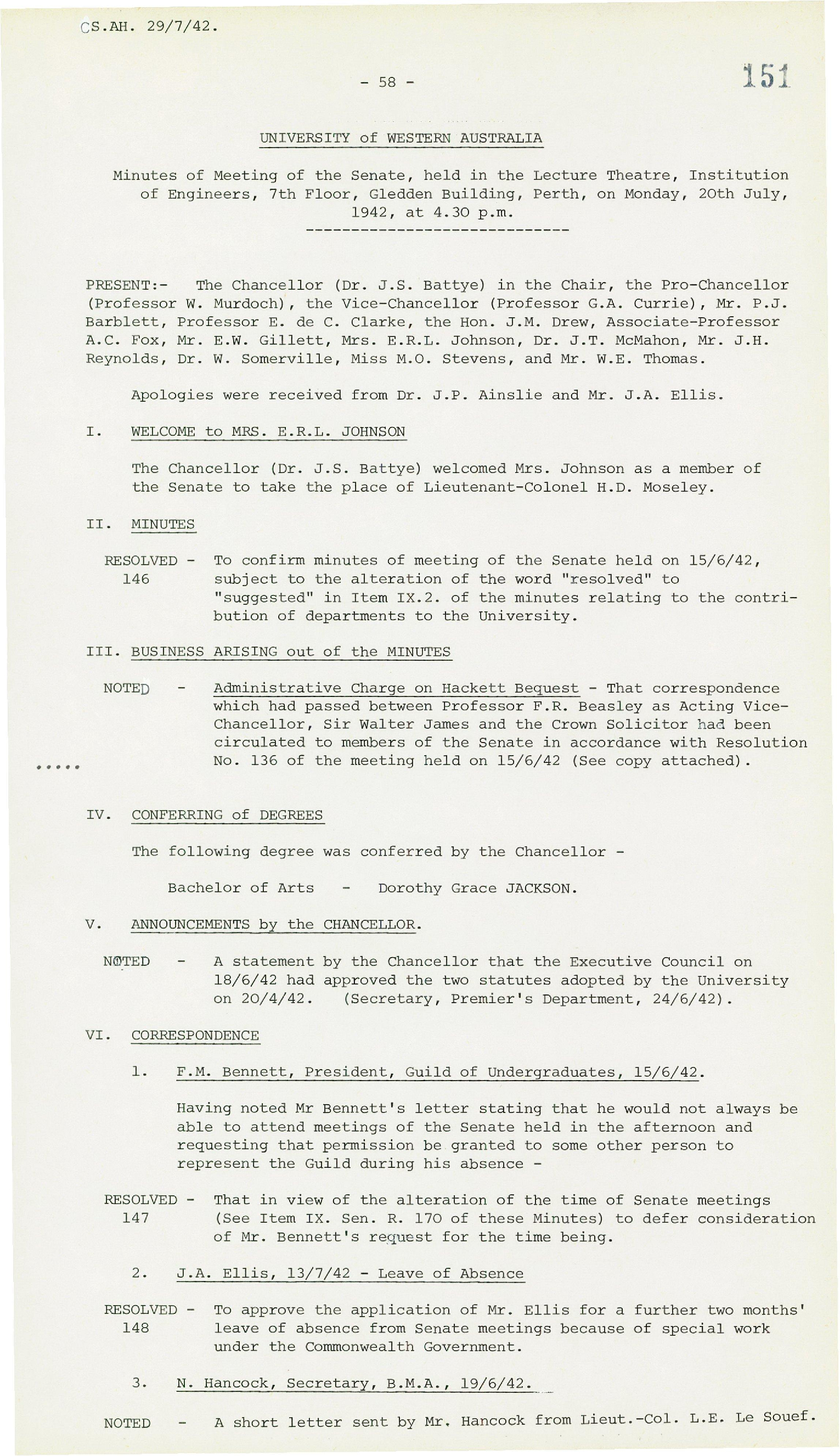 Minutes - Meeting of the Senate - 20 July 1942 - Folio 151 - 171