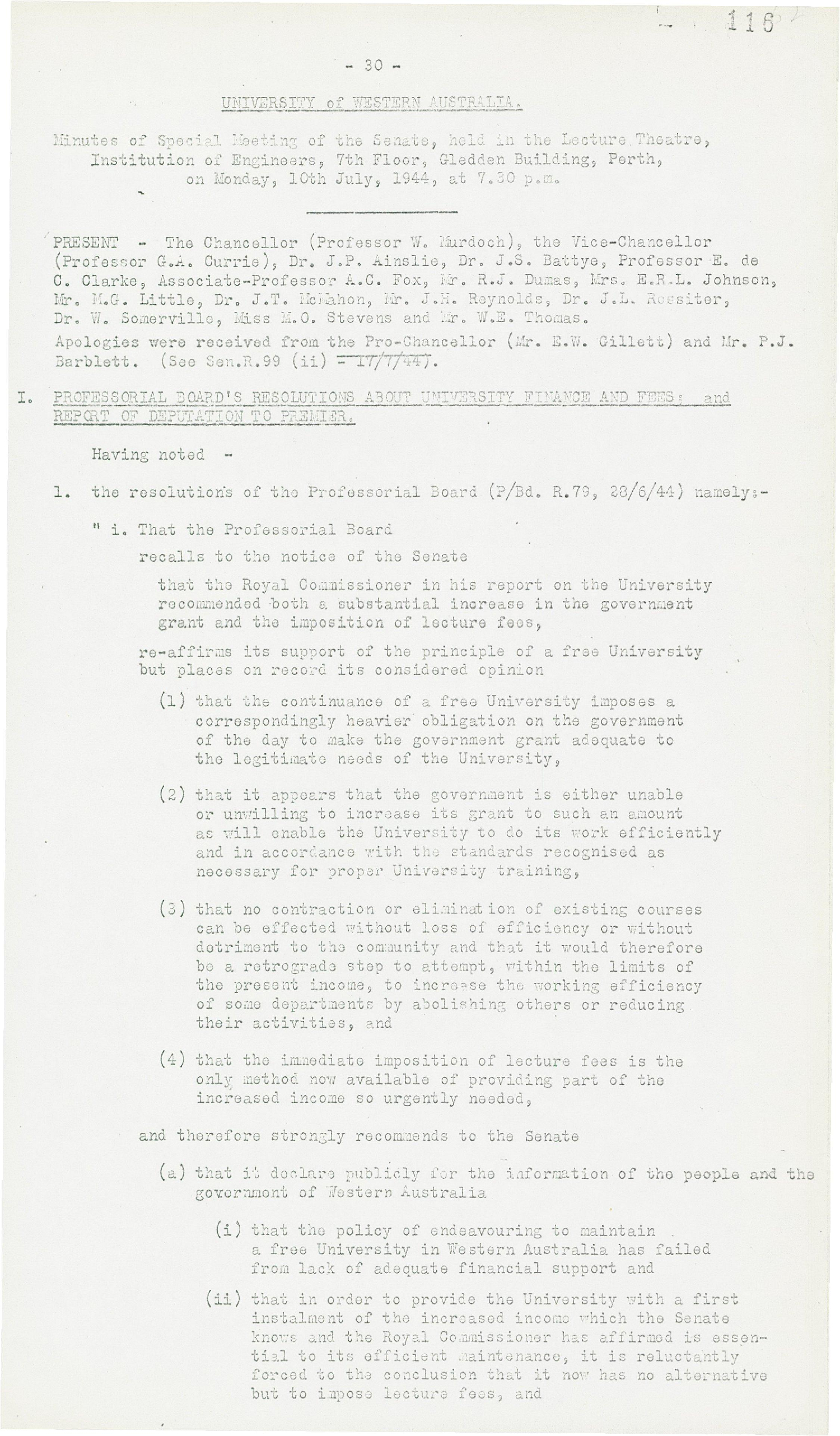 Minutes - Special Meeting of the Senate - 10 July 1944 - Folio 116 - 118