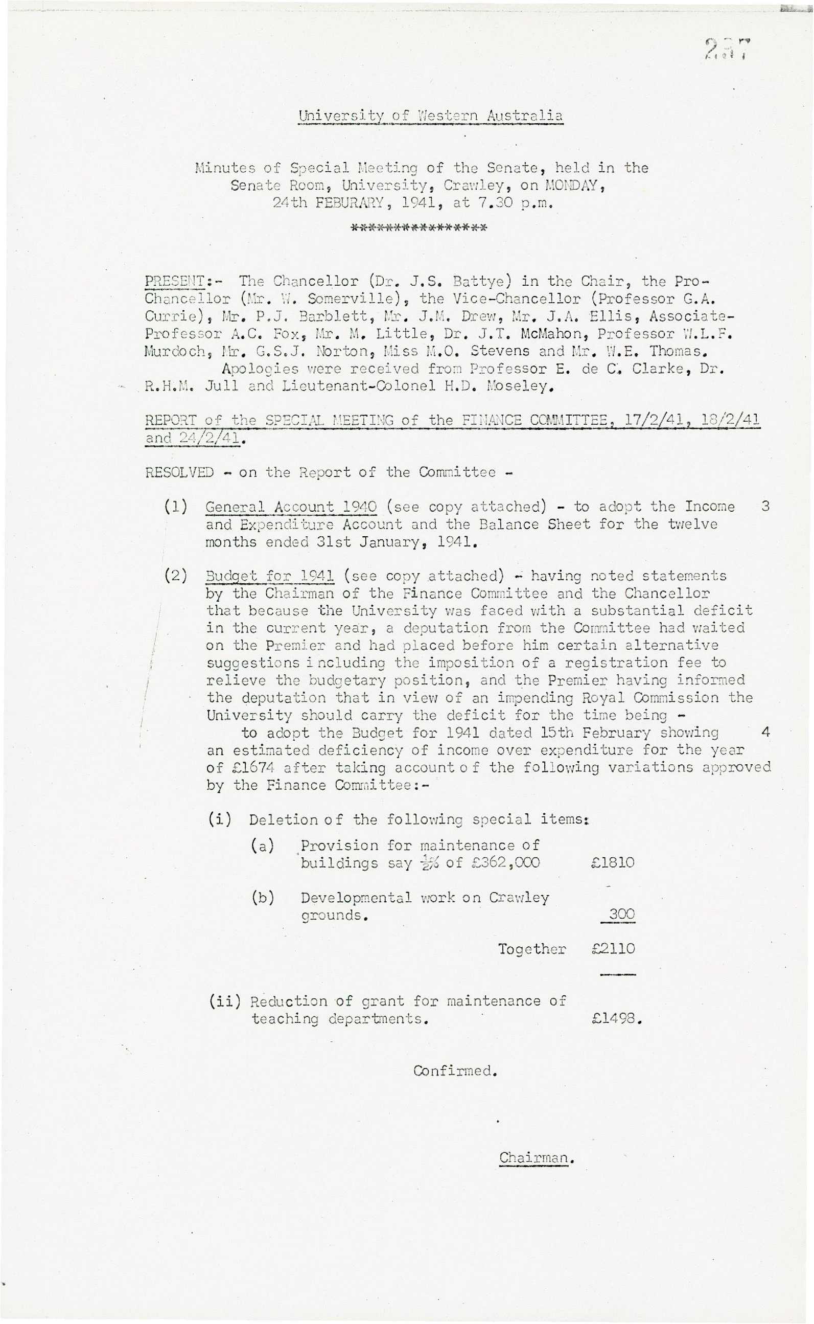 Minutes - Special Meeting of the Senate - 24 February 1941 - Folio 237 - 252