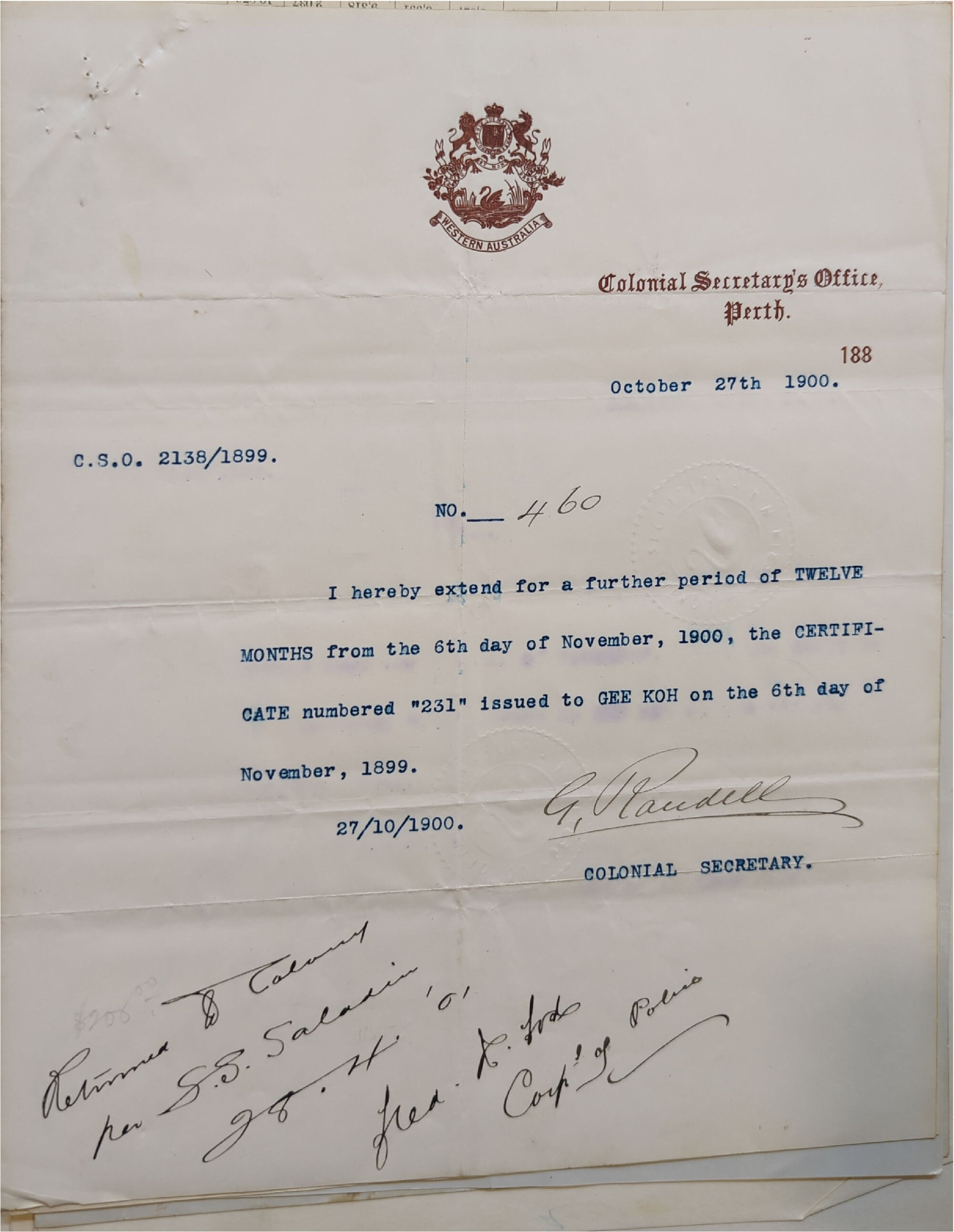 Gee Koh Return to Colony (SRO: S675 Cons 527 1899/2138)