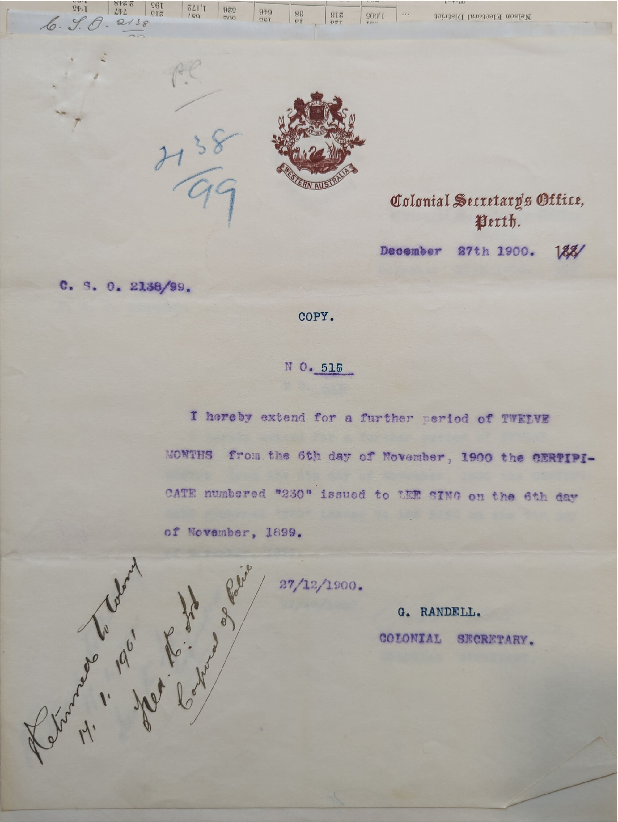 Lee Sing Return to the Colony (SRO: S675, Cons 527, 1899/2138).