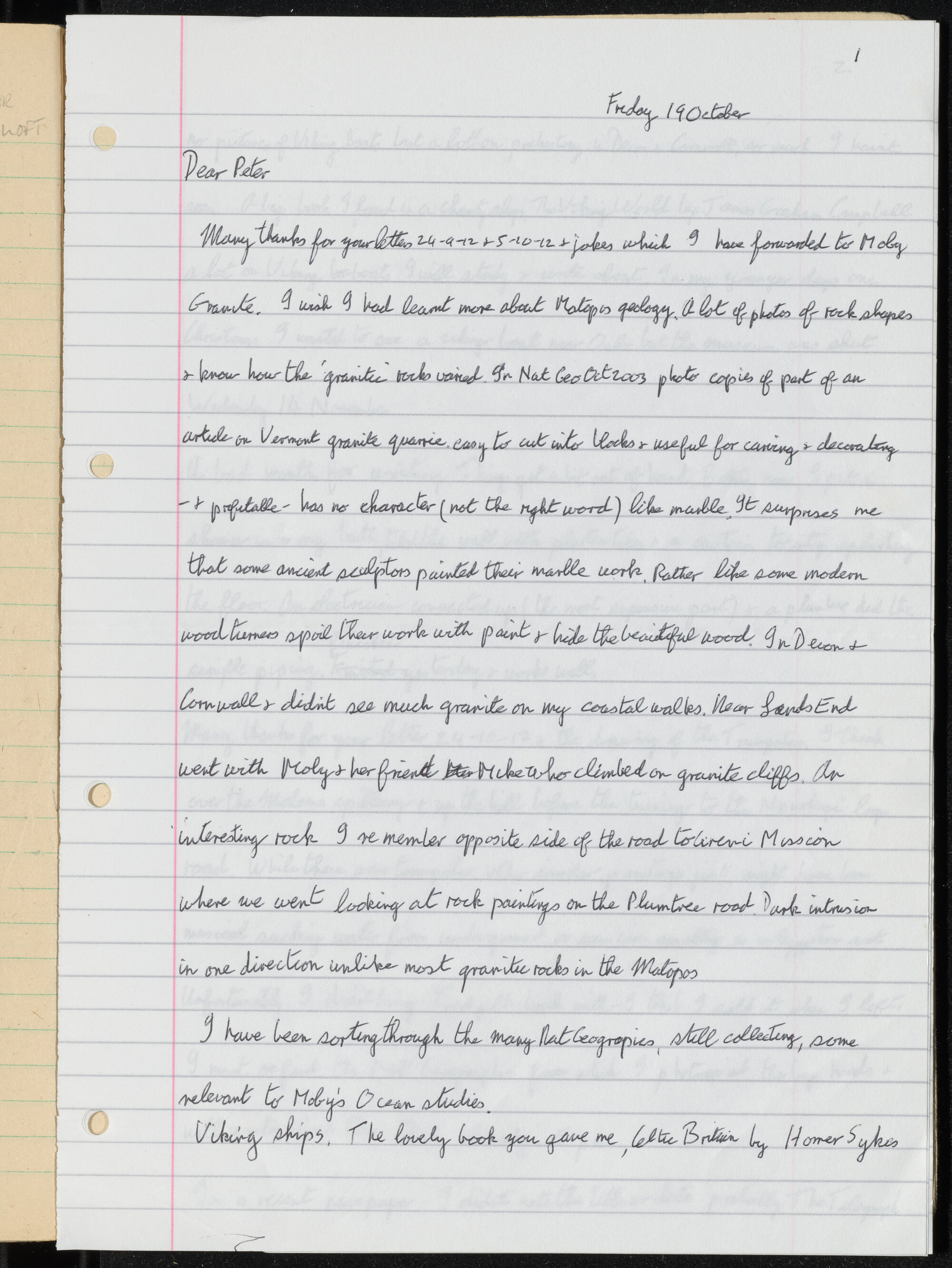 John Moger letter, to Peter Genge, [2012] October 19