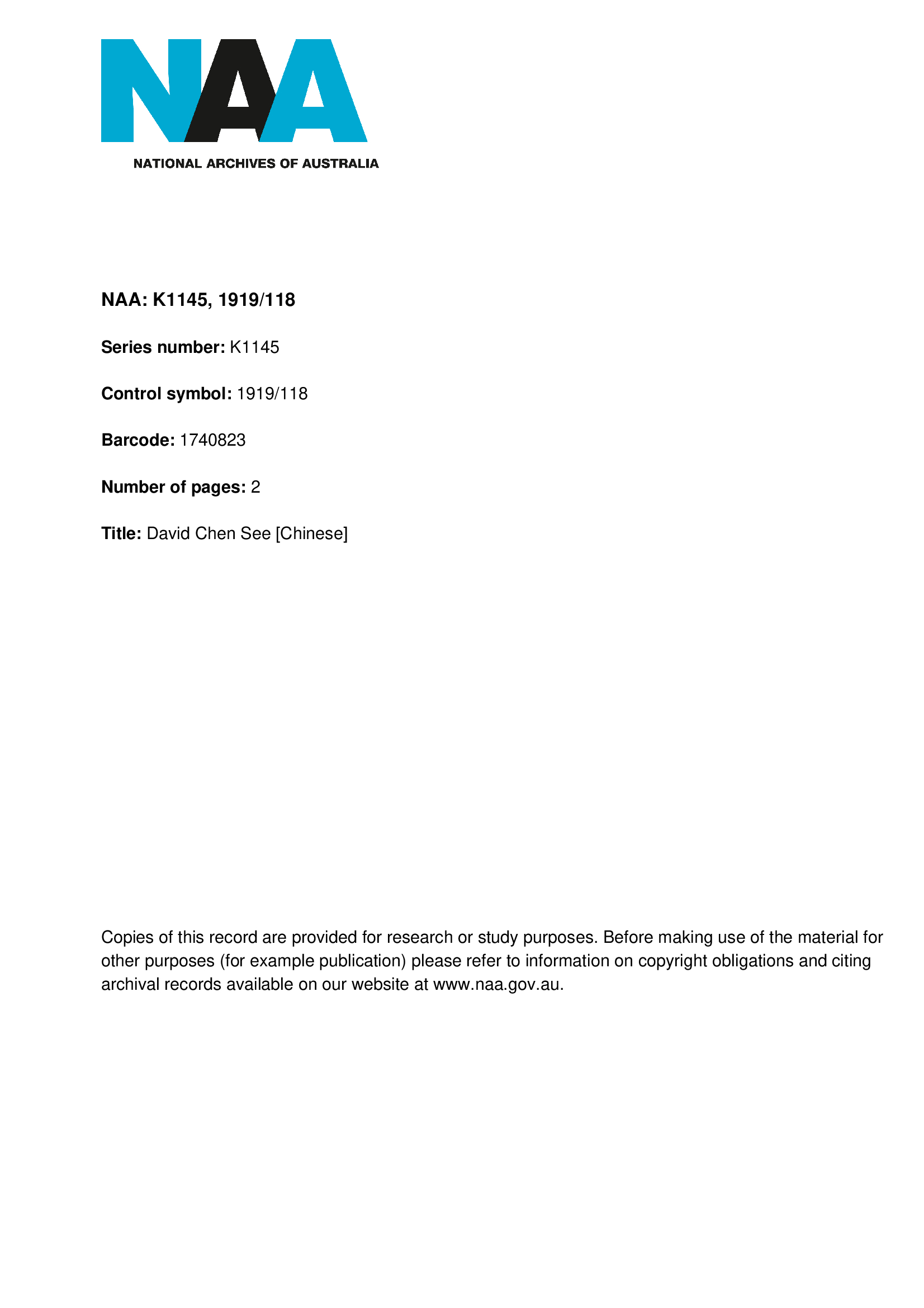 David Chen See CEDT 1919 (NAA Item ID: 1740823)