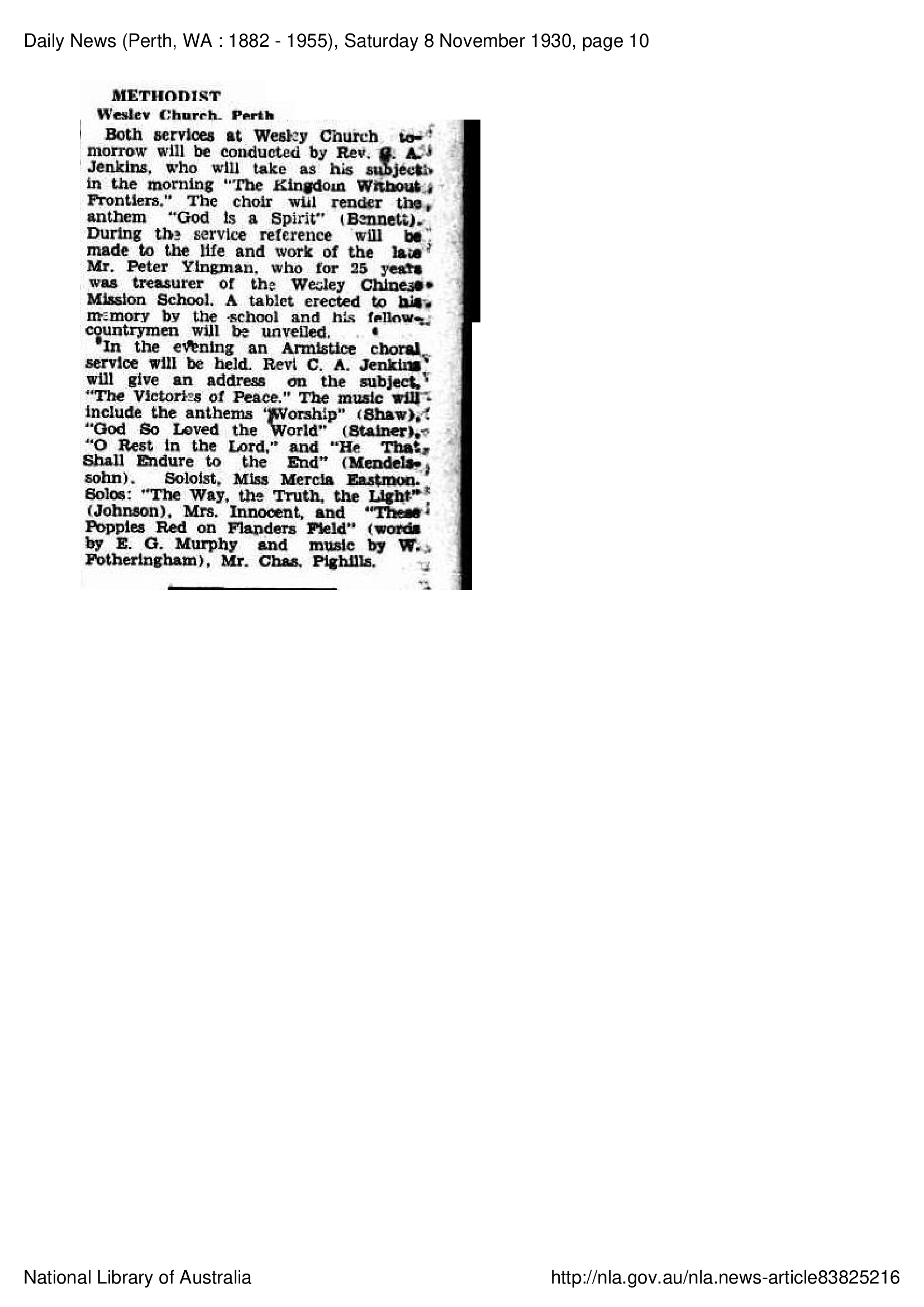 Wesley Church Memorial Tablet - Yingman