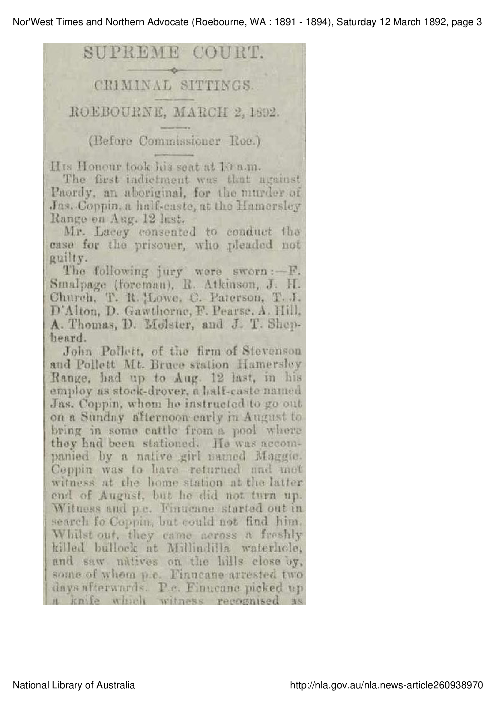 SUPREME COURT,  Nor'West Times and Northern Advocate,  12 March 1892, p. 3. 