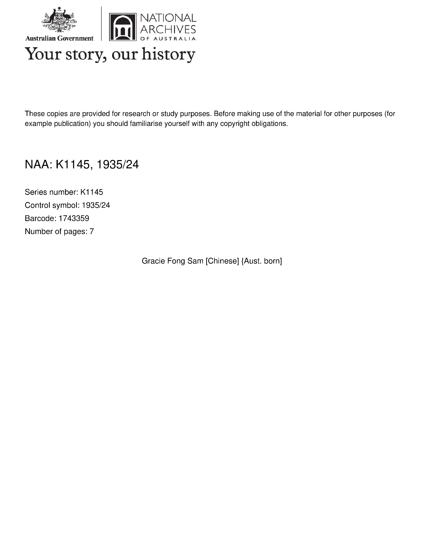 Gracie Fong Sam CEDT 1935 (NAA Item ID: 1743359)