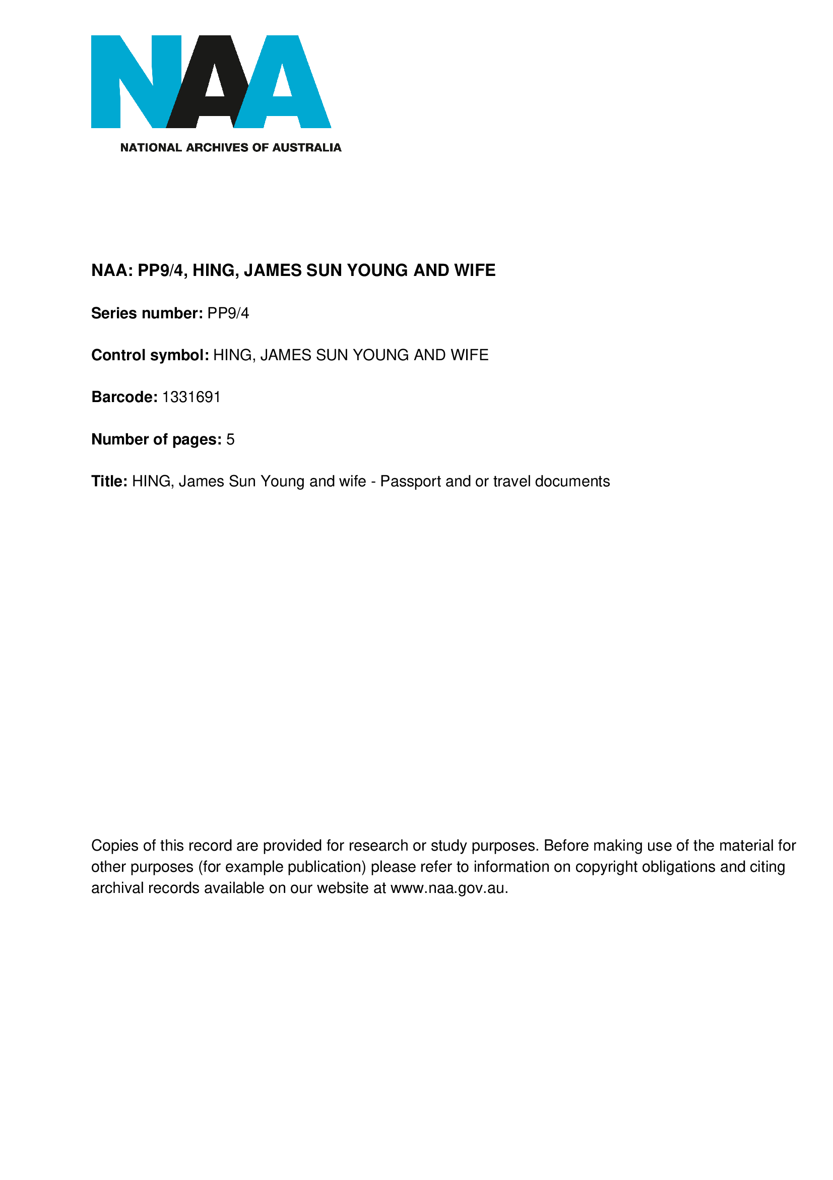 Young Hing Sun and May Young Hing Chinese Passport, 1919 (NAA Item ID: 1331691)