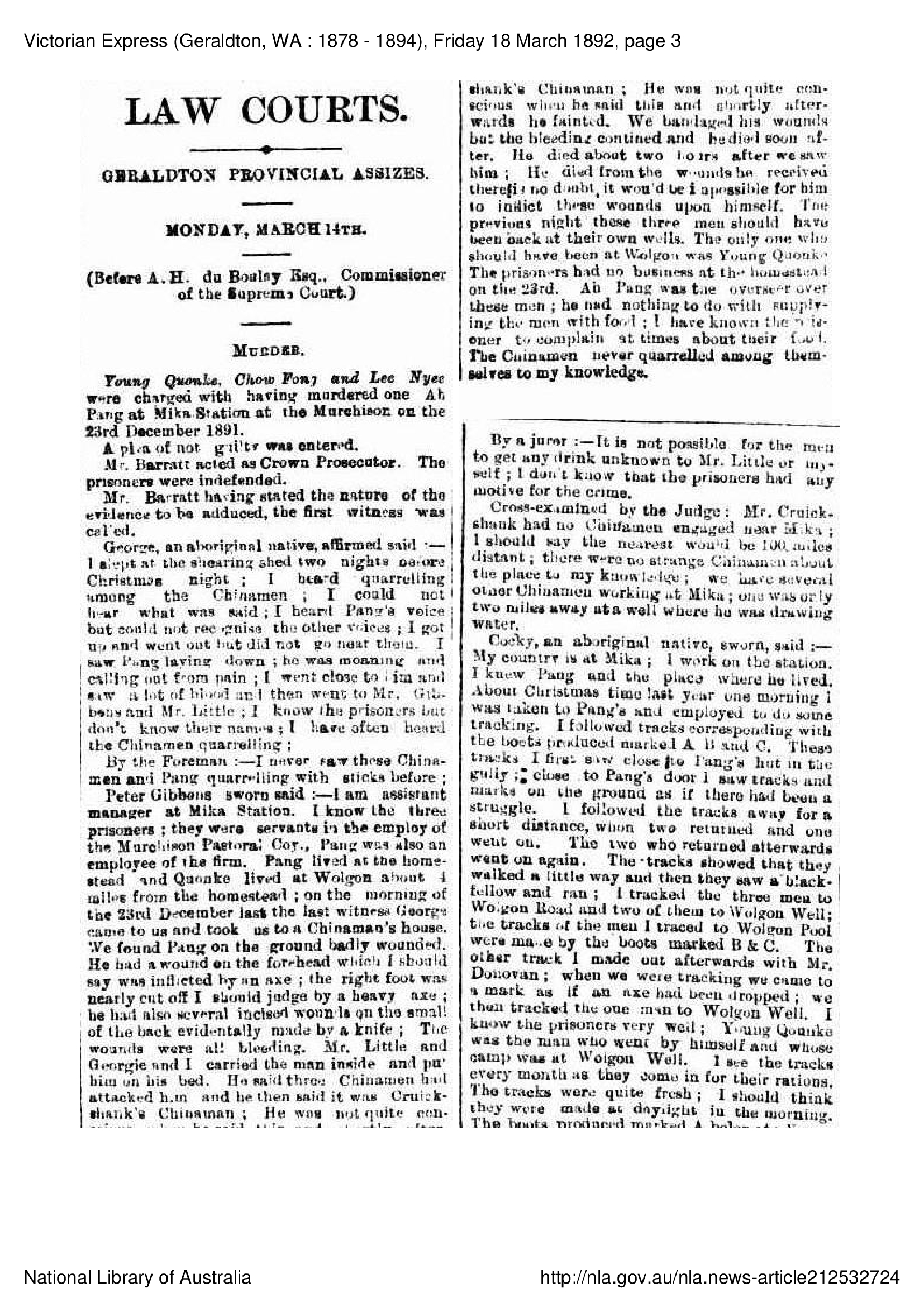 Murder of Ah Pang - Victorian Express report