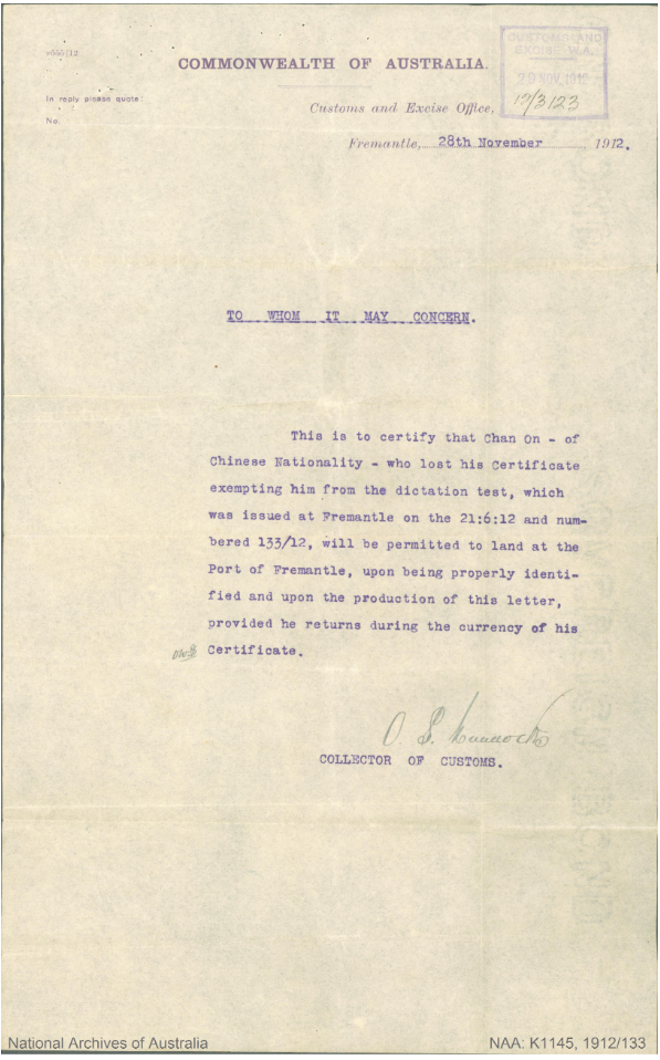 Chan On's Lost CEDT replacement, 1912