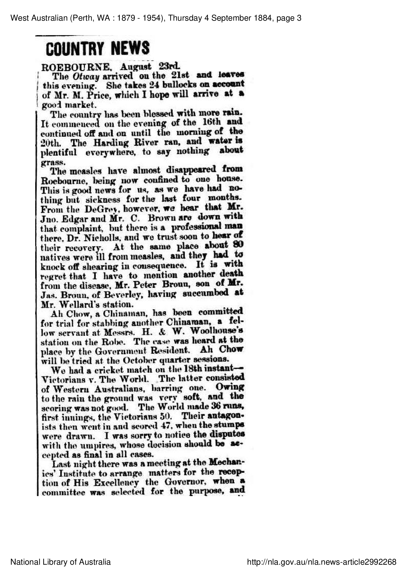 Country News West Australian  4 September 1884,  3