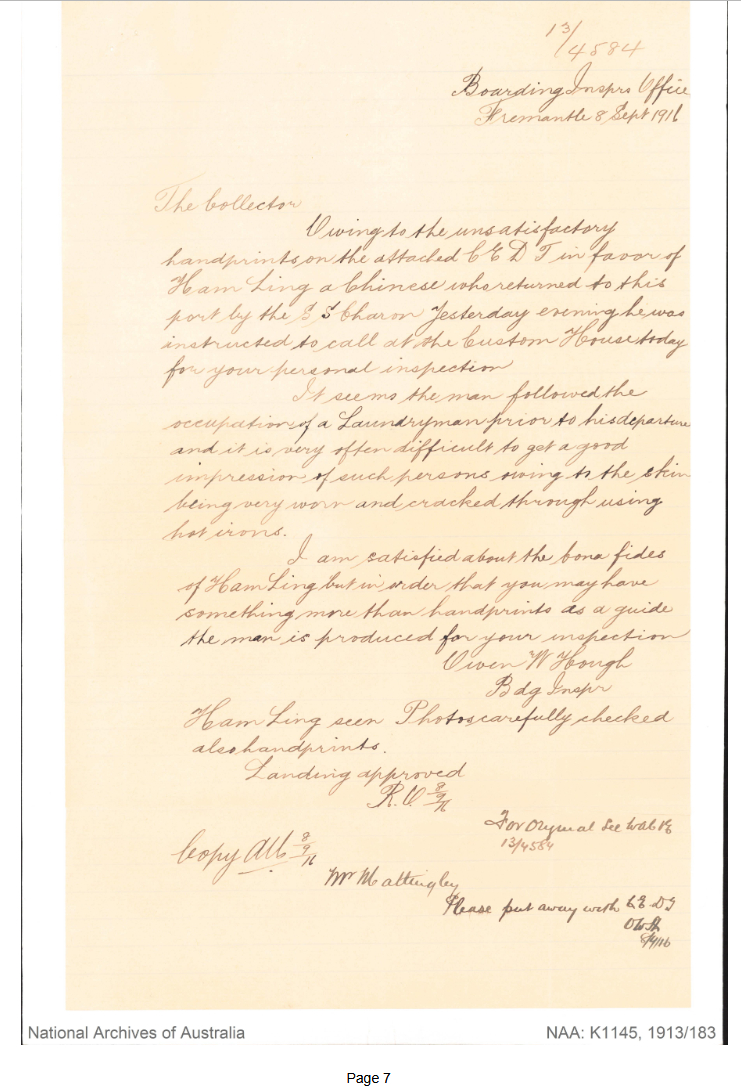 Ham Ling - letter regarding fingerprints