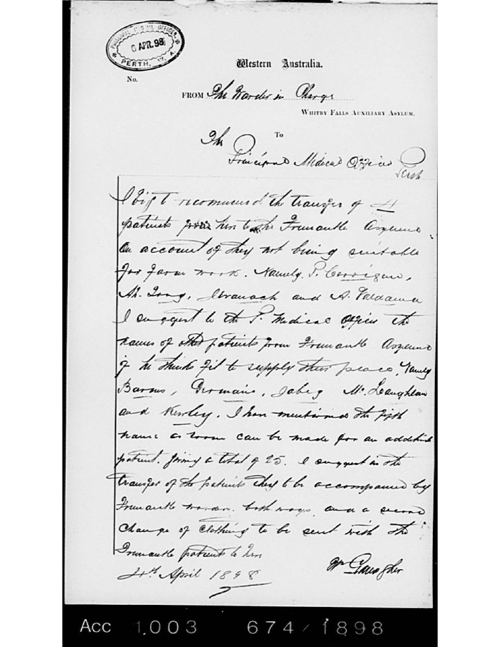 Ah Tong (3) 1898 Transfer from Whitby to Fremantle Asylum