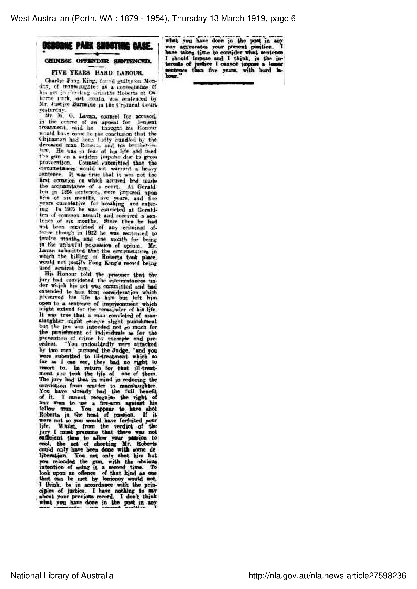 Osborne Park Shooting Case - 1919