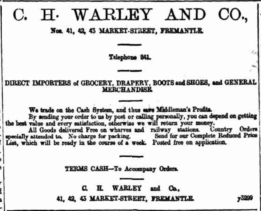 C. H. Warley &amp; Co. advertisement 1899